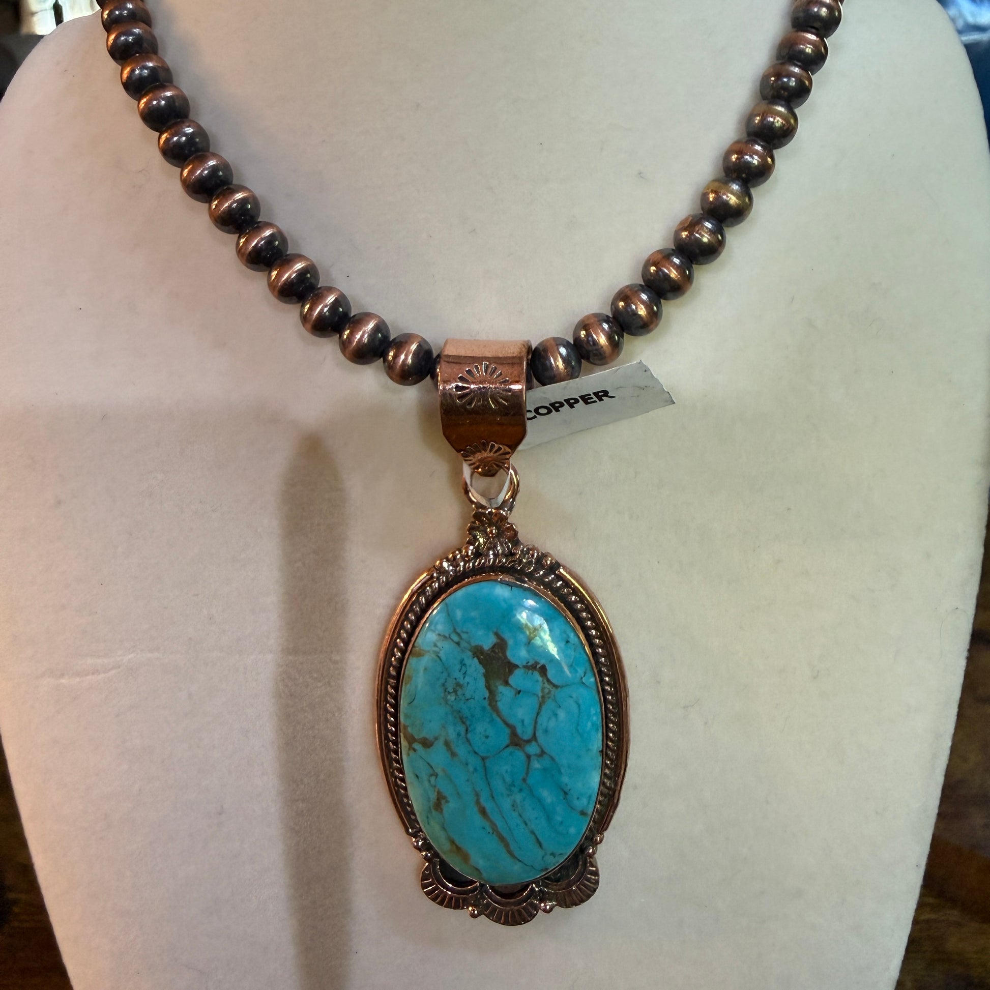 Kingman Turquoise Gemstone With Copper 6mm Pearl Beads, 1.5 Inch Gemstone Wild West Boho