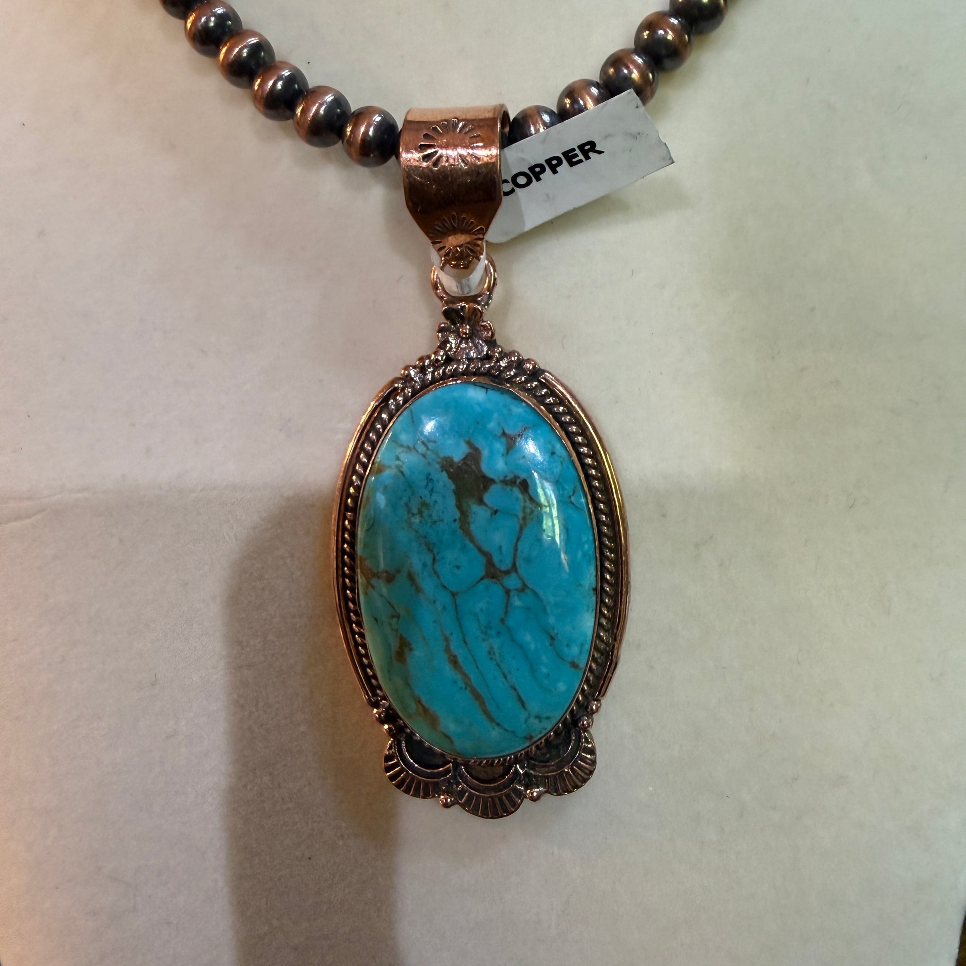 Kingman Turquoise Gemstone With Copper 6mm Pearl Beads, 1.5 Inch Gemstone Wild West Boho