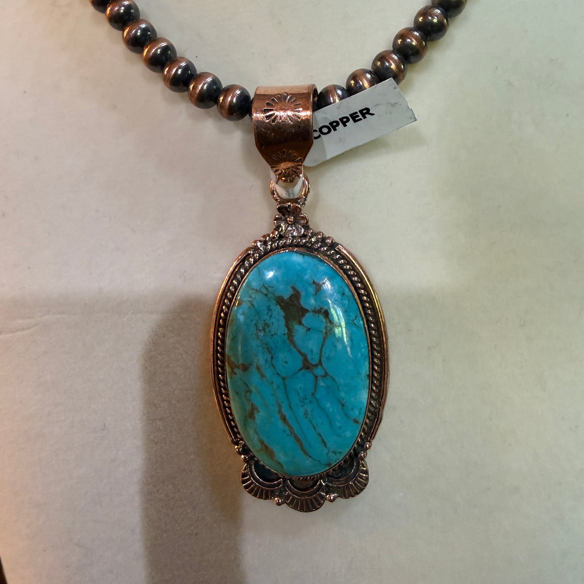 Kingman Turquoise Gemstone With Copper 6mm Pearl Beads, 1.5 Inch Gemstone Wild West Boho