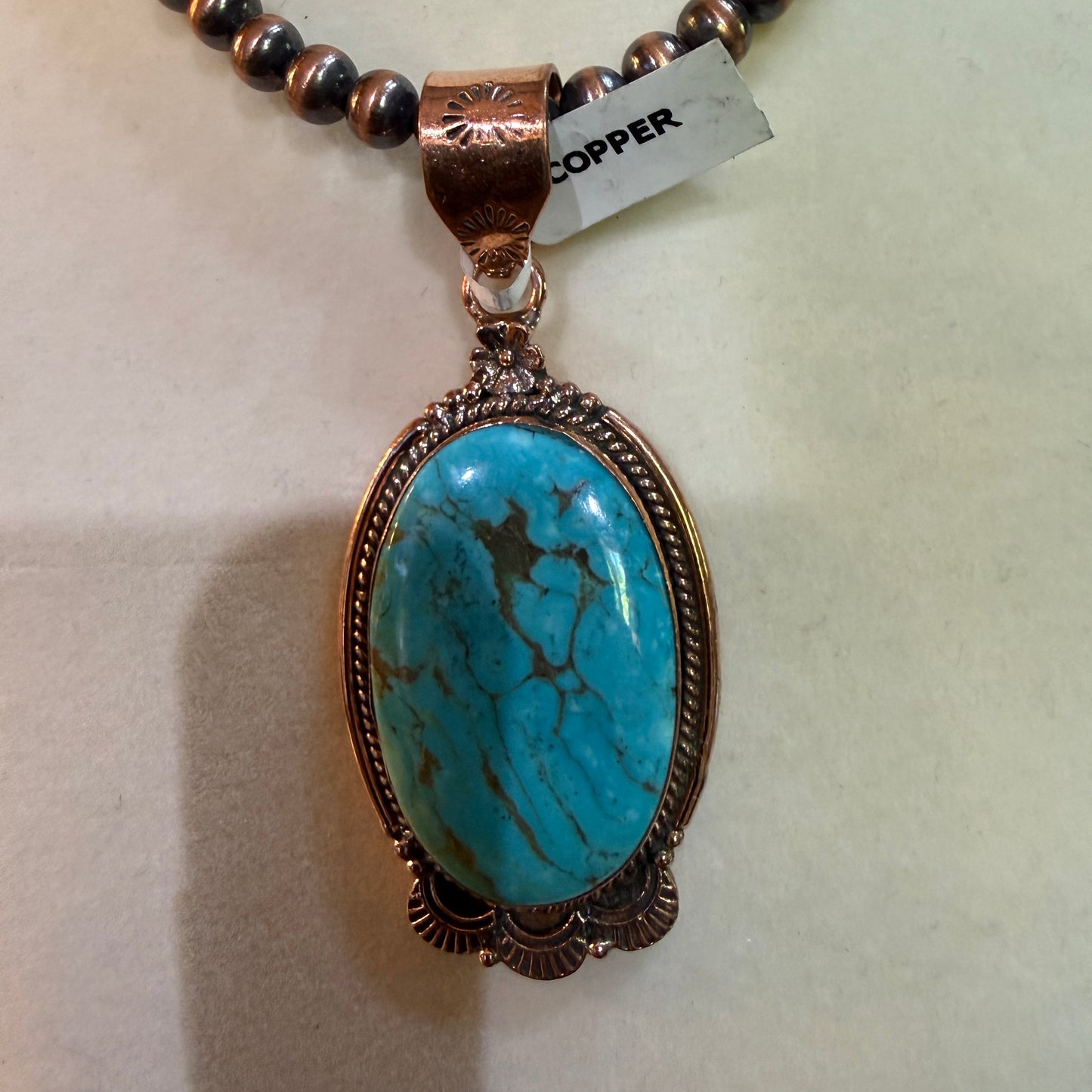 Kingman Turquoise Gemstone With Copper 6mm Pearl Beads, 1.5 Inch Gemstone Wild West Boho