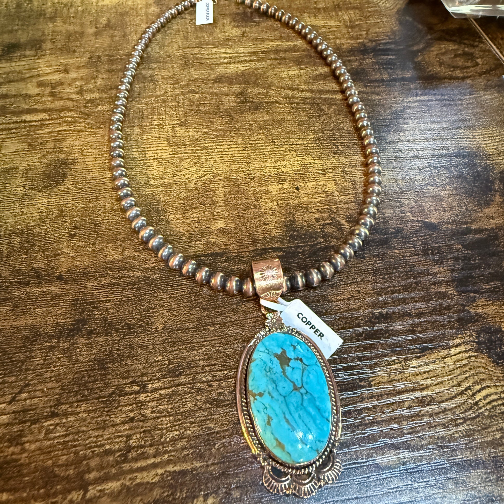 Kingman Turquoise Gemstone With Copper 6mm Pearl Beads, 1.5 Inch Gemstone Wild West Boho