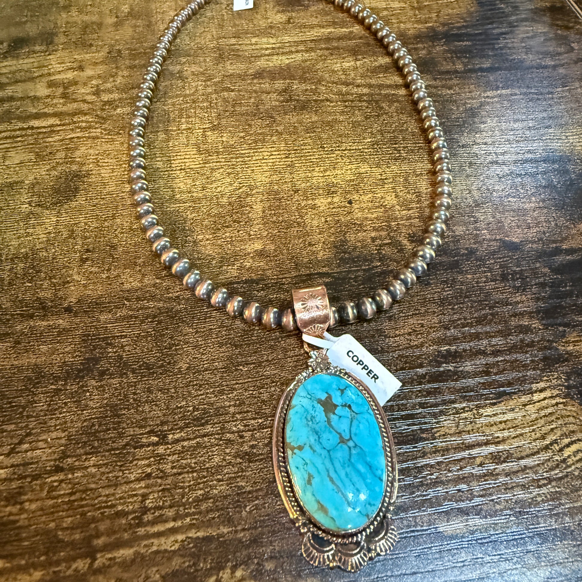 Kingman Turquoise Gemstone With Copper 6mm Pearl Beads, 1.5 Inch Gemstone Wild West Boho
