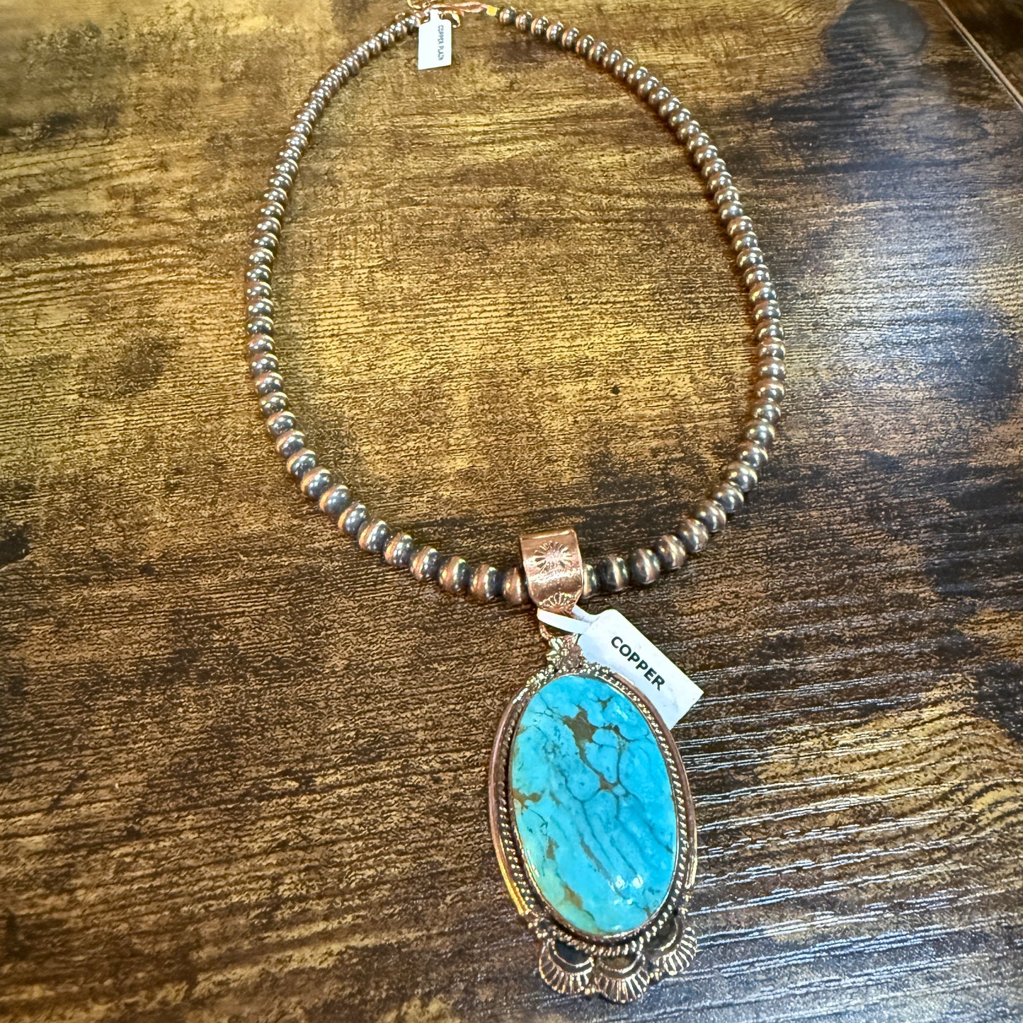 Kingman Turquoise Gemstone With Copper 6mm Pearl Beads, 1.5 Inch Gemstone Wild West Boho