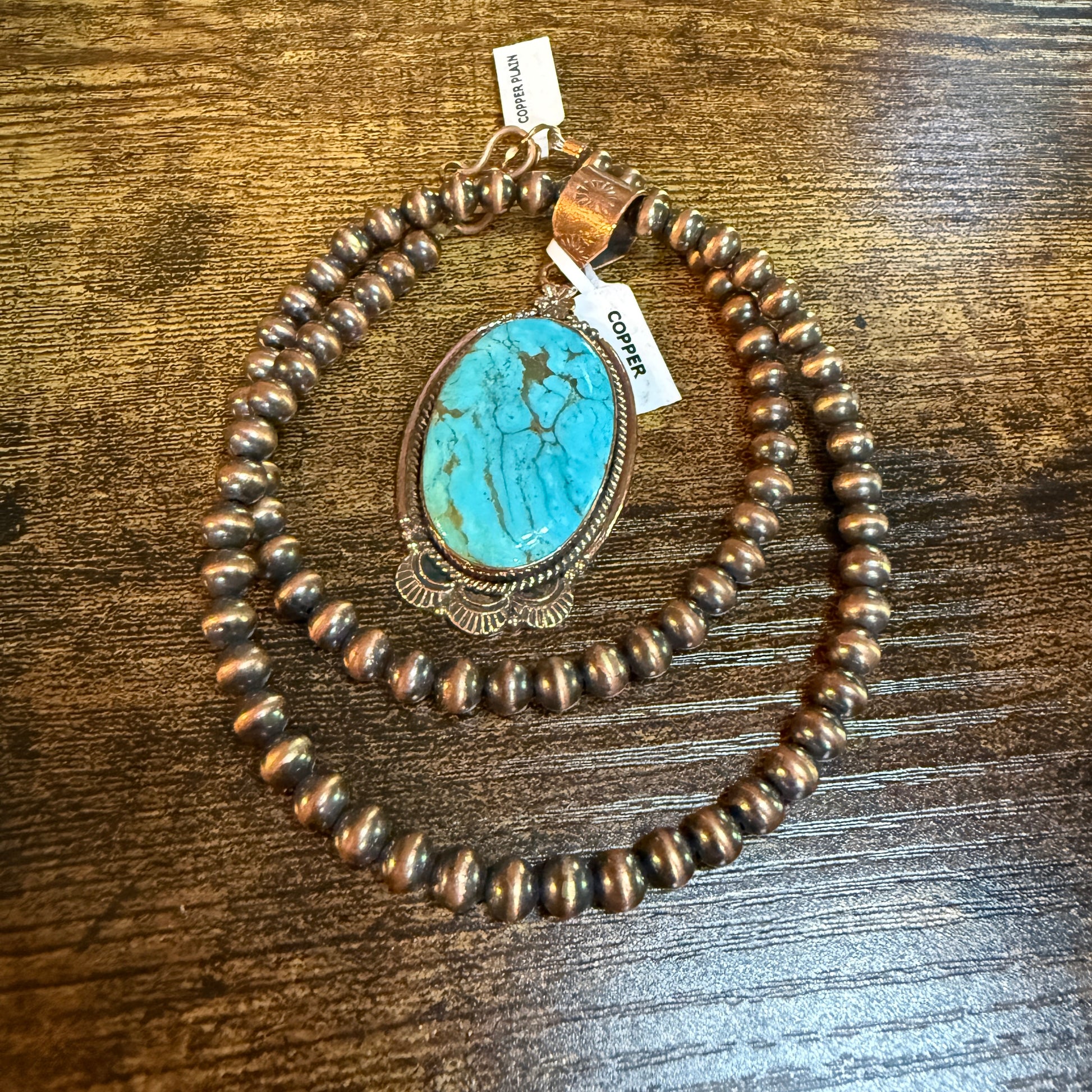 Kingman Turquoise Gemstone With Copper 6mm Pearl Beads, 1.5 Inch Gemstone Wild West Boho