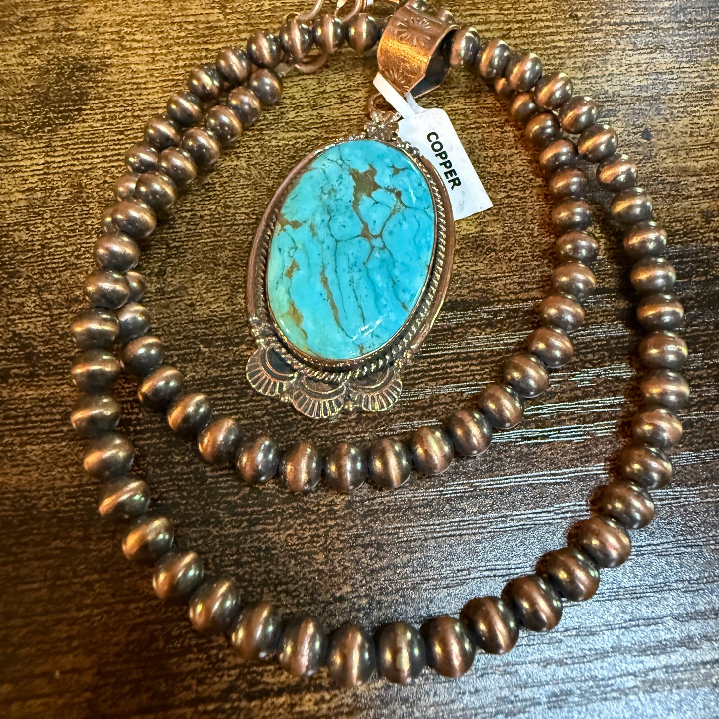 Kingman Turquoise Gemstone With Copper 6mm Pearl Beads, 1.5 Inch Gemstone Wild West Boho