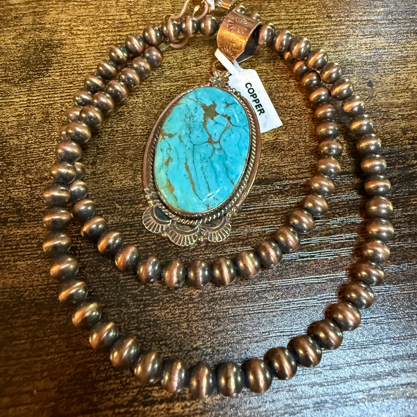 Kingman Turquoise Gemstone With Copper 6mm Pearl Beads, 1.5 Inch Gemstone Wild West Boho