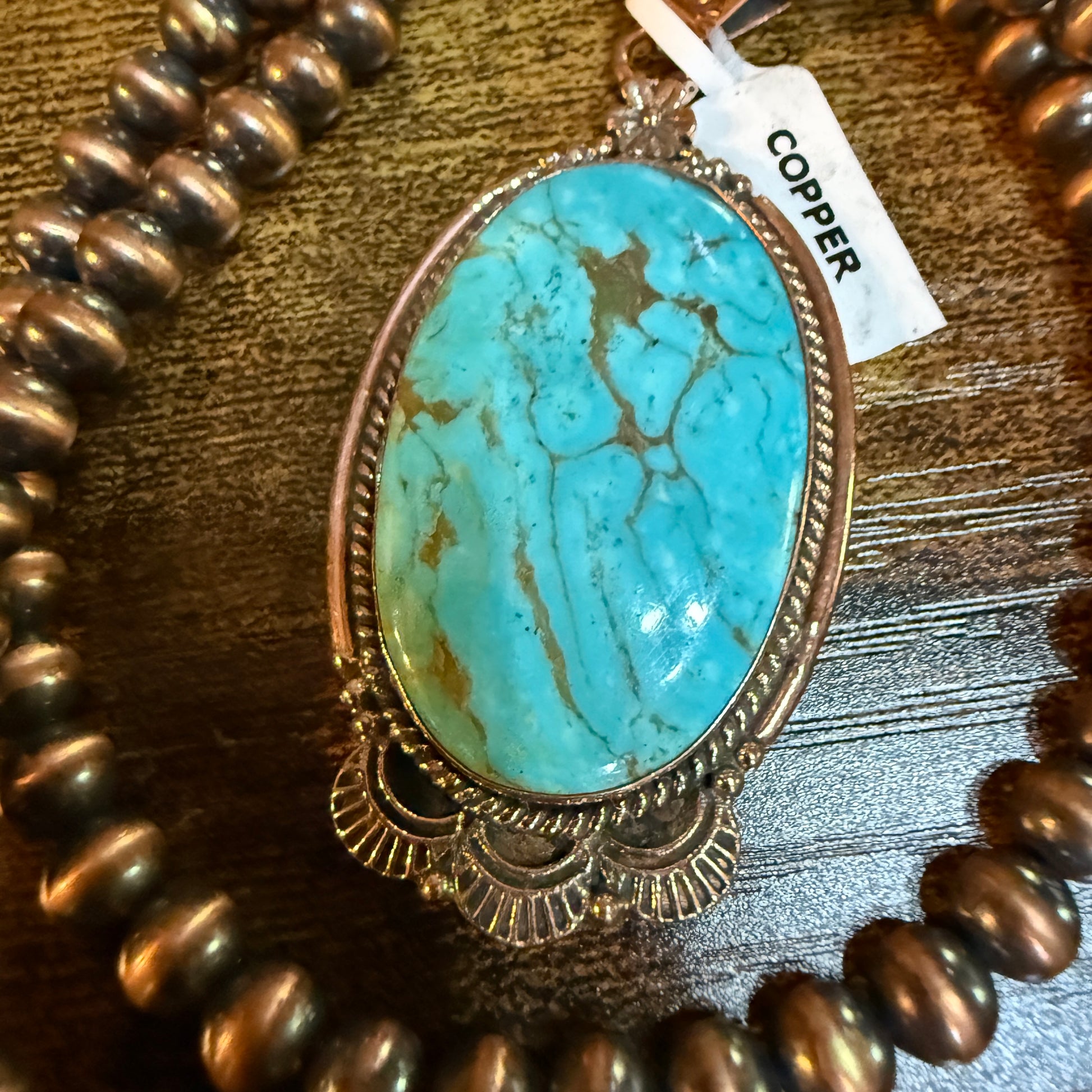 Kingman Turquoise Gemstone With Copper 6mm Pearl Beads, 1.5 Inch Gemstone Wild West Boho