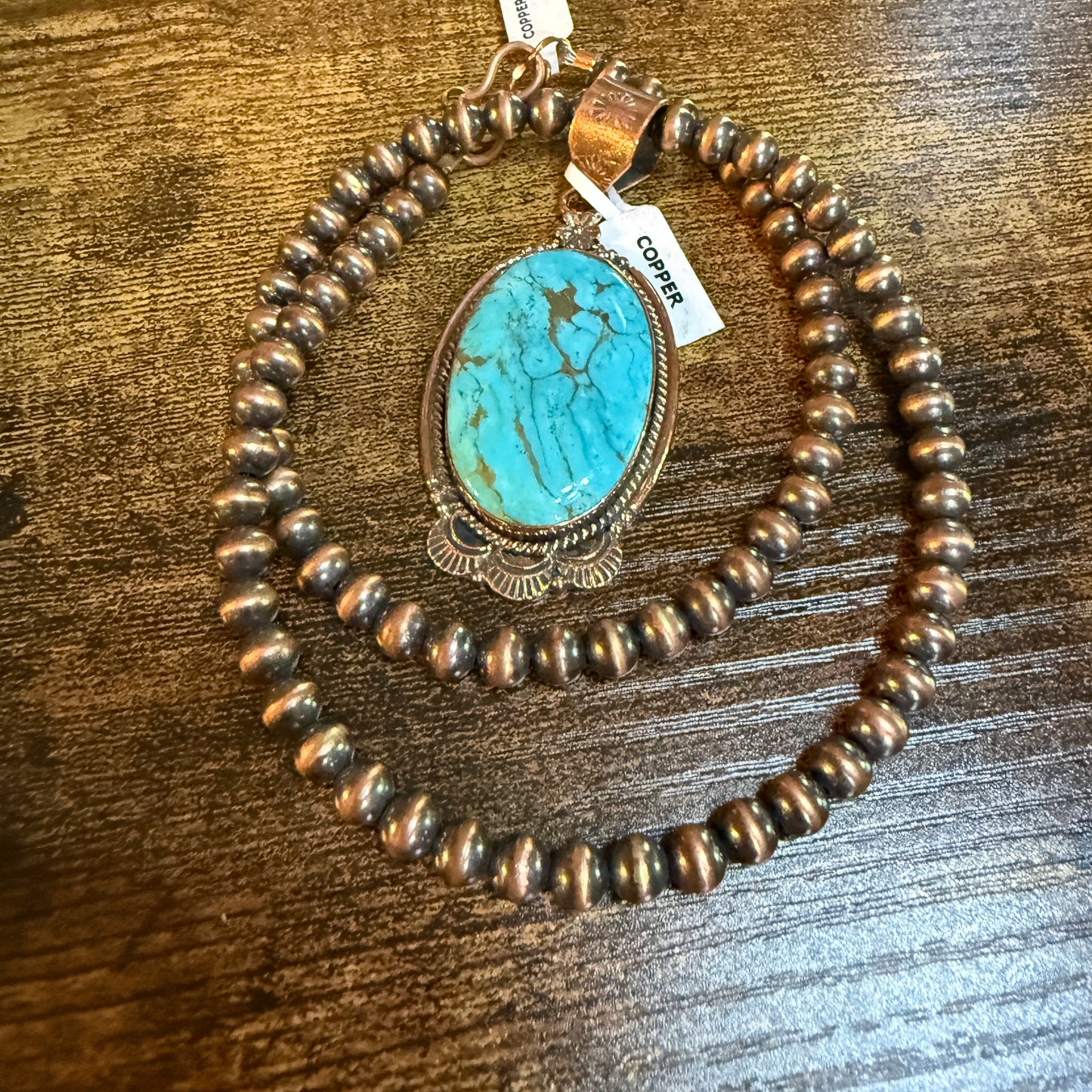 Kingman Turquoise Gemstone With Copper 6mm Pearl Beads, 1.5 Inch Gemstone Wild West Boho
