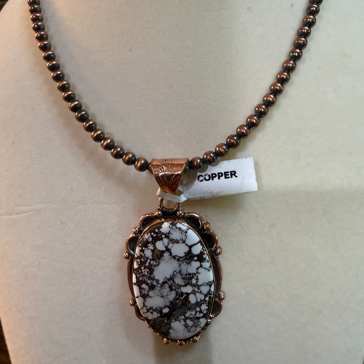 Genuine Copper Pearl Necklace With Wild Horse Gemstone Copper Pendant, 18 Inch Wild West Boho