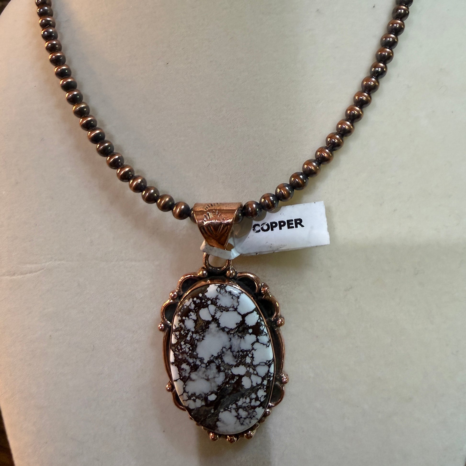 Genuine Copper Pearl Necklace With Wild Horse Gemstone Copper Pendant, 18 Inch Wild West Boho