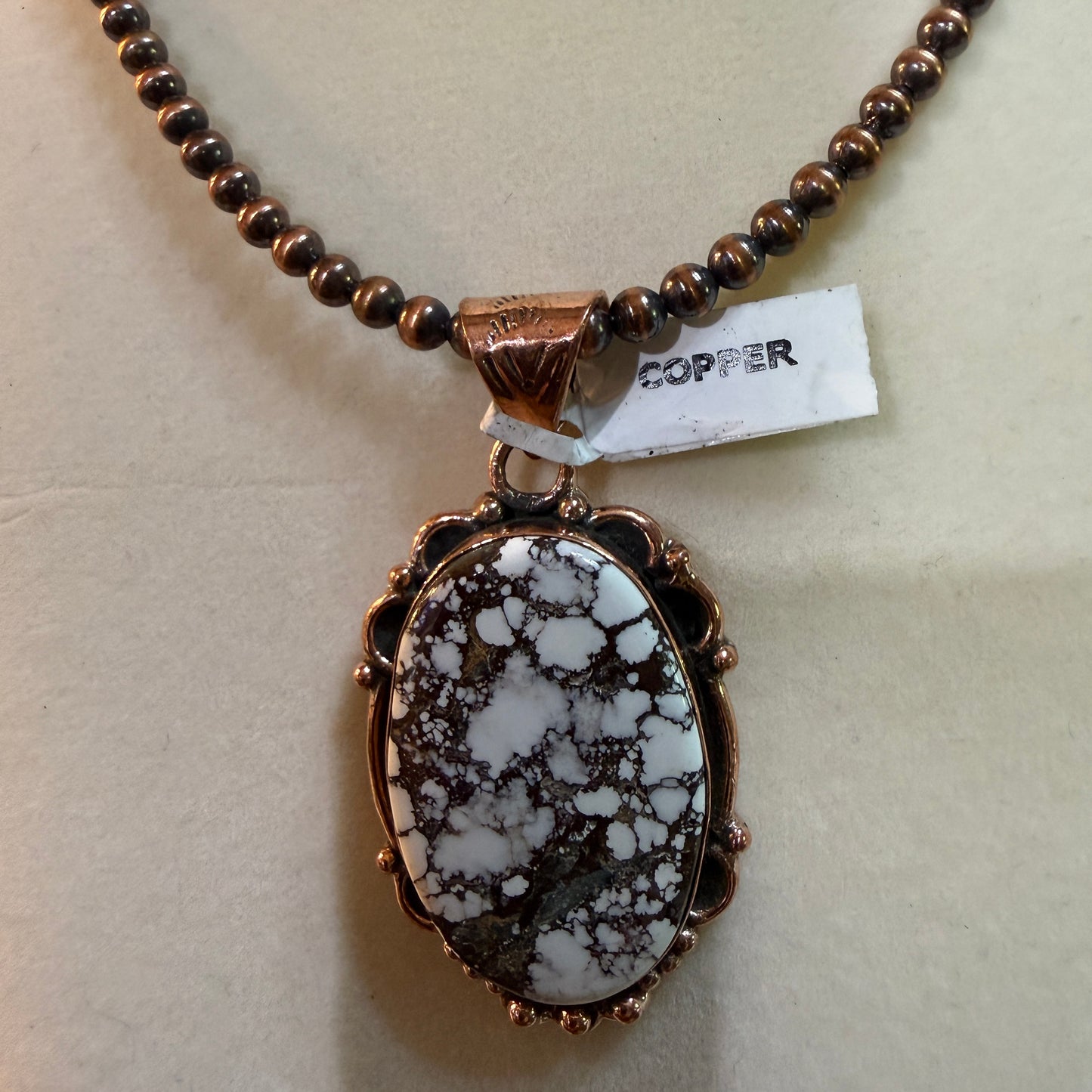 Genuine Copper Pearl Necklace With Wild Horse Gemstone Copper Pendant, 18 Inch Wild West Boho