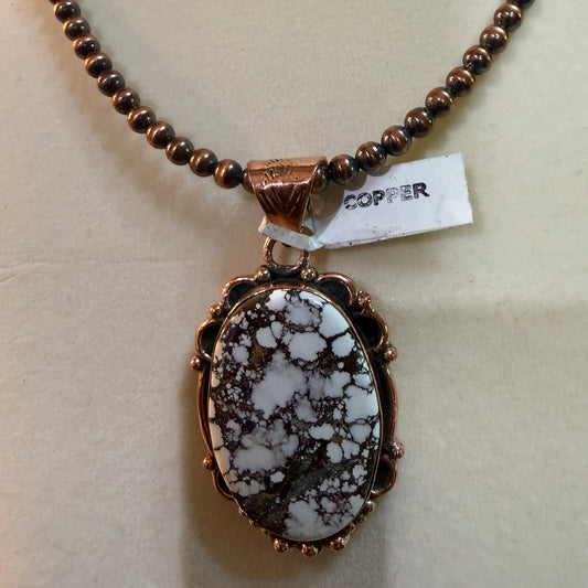 Genuine Copper Pearl Necklace With Wild Horse Gemstone Copper Pendant, 18 Inch Wild West Boho