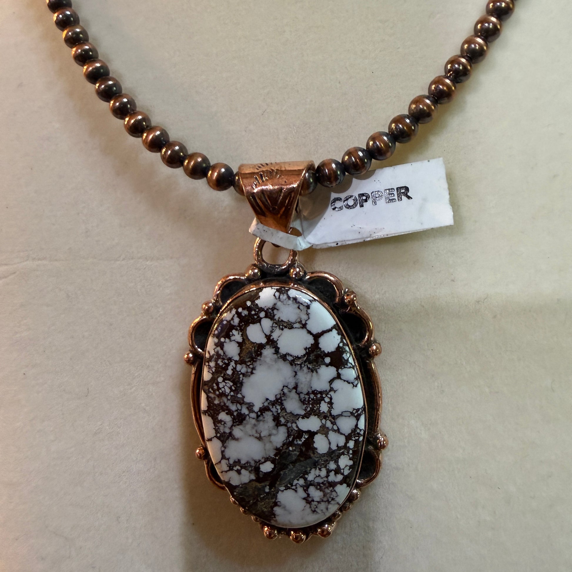 Genuine Copper Pearl Necklace With Wild Horse Gemstone Copper Pendant, 18 Inch Wild West Boho