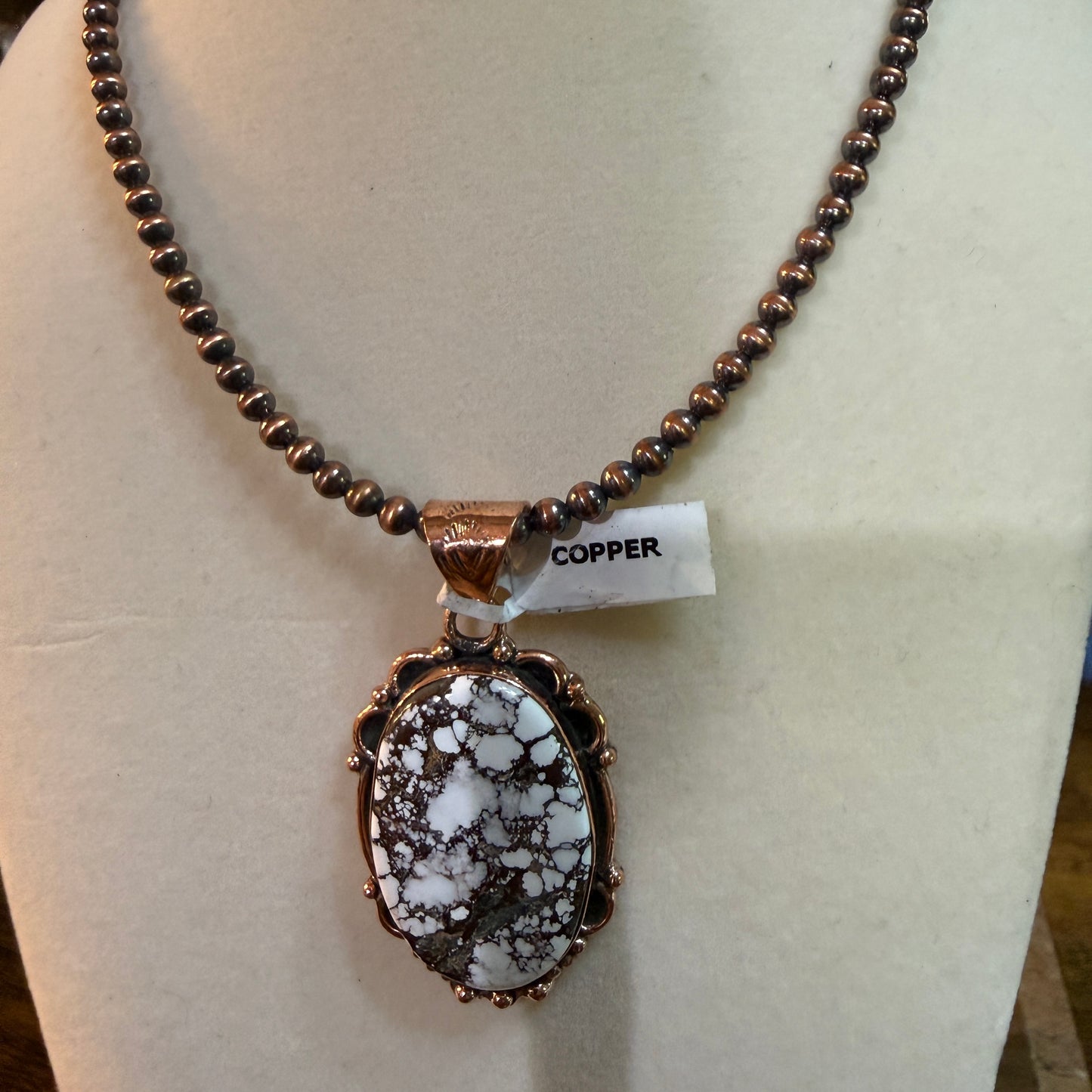 Genuine Copper Pearl Necklace With Wild Horse Gemstone Copper Pendant, 18 Inch Wild West Boho