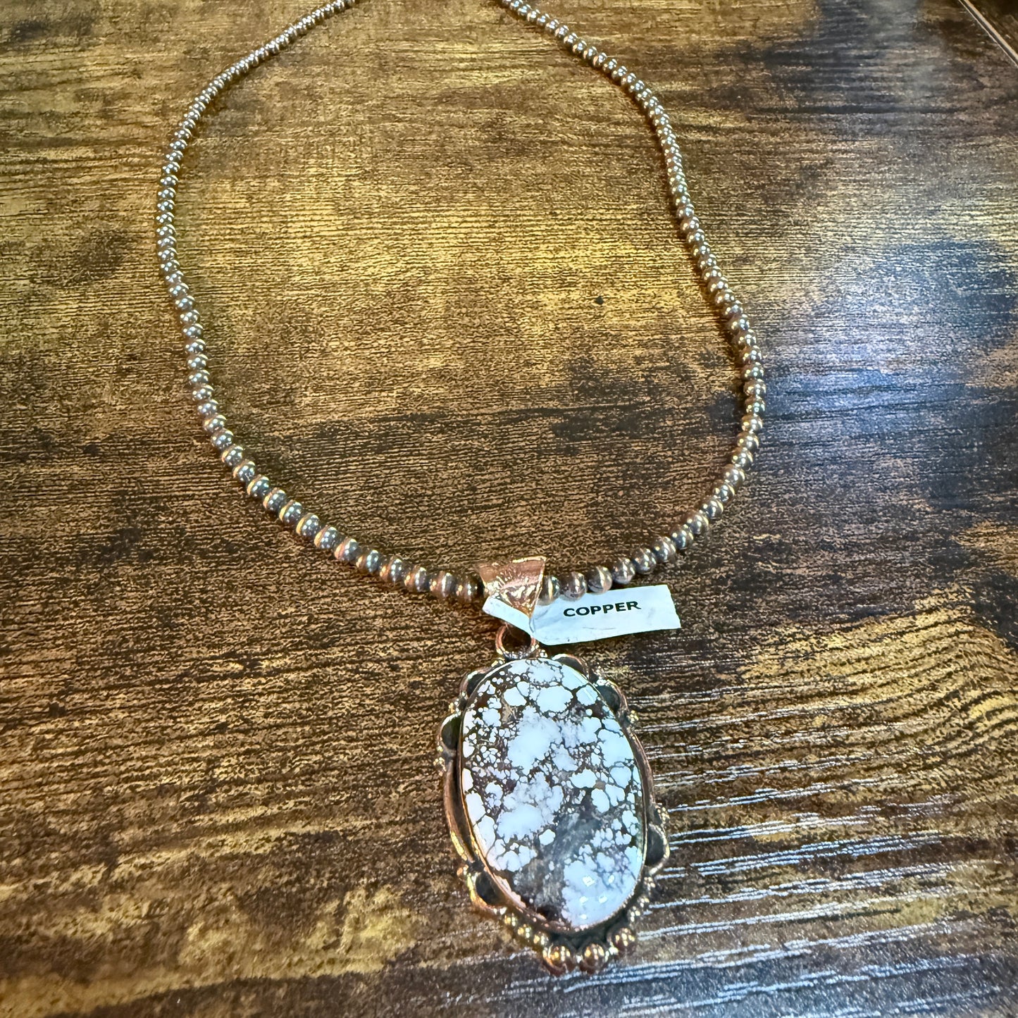 Genuine Copper Pearl Necklace With Wild Horse Gemstone Copper Pendant, 18 Inch Wild West Boho