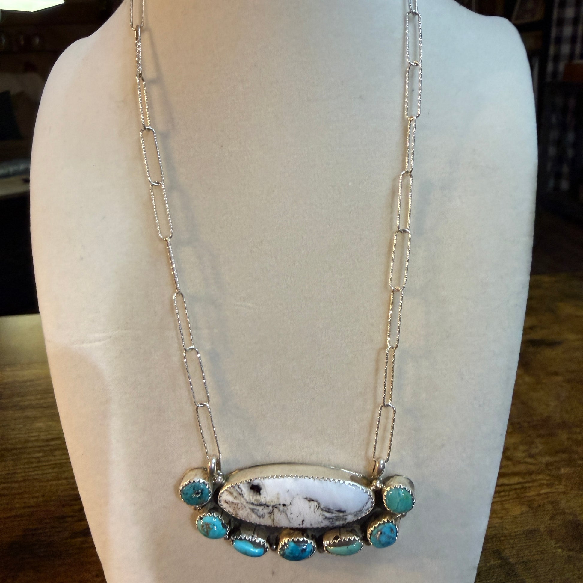 Artist Signed Rosanne Sam Kingman Turquoise White Buffalo Choker 14 Inch Chain Wild West Boho