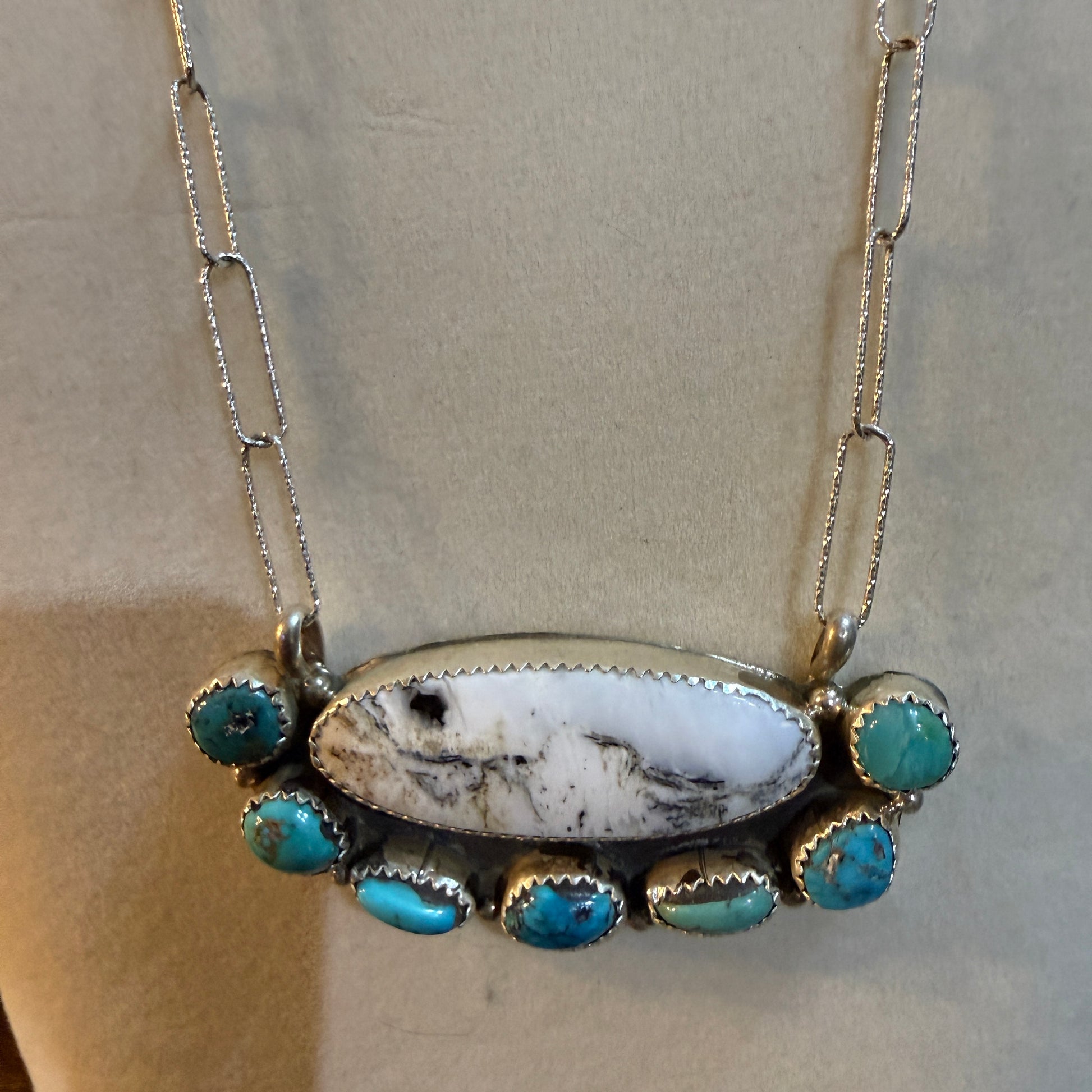 Artist Signed Rosanne Sam Kingman Turquoise White Buffalo Choker 14 Inch Chain Wild West Boho