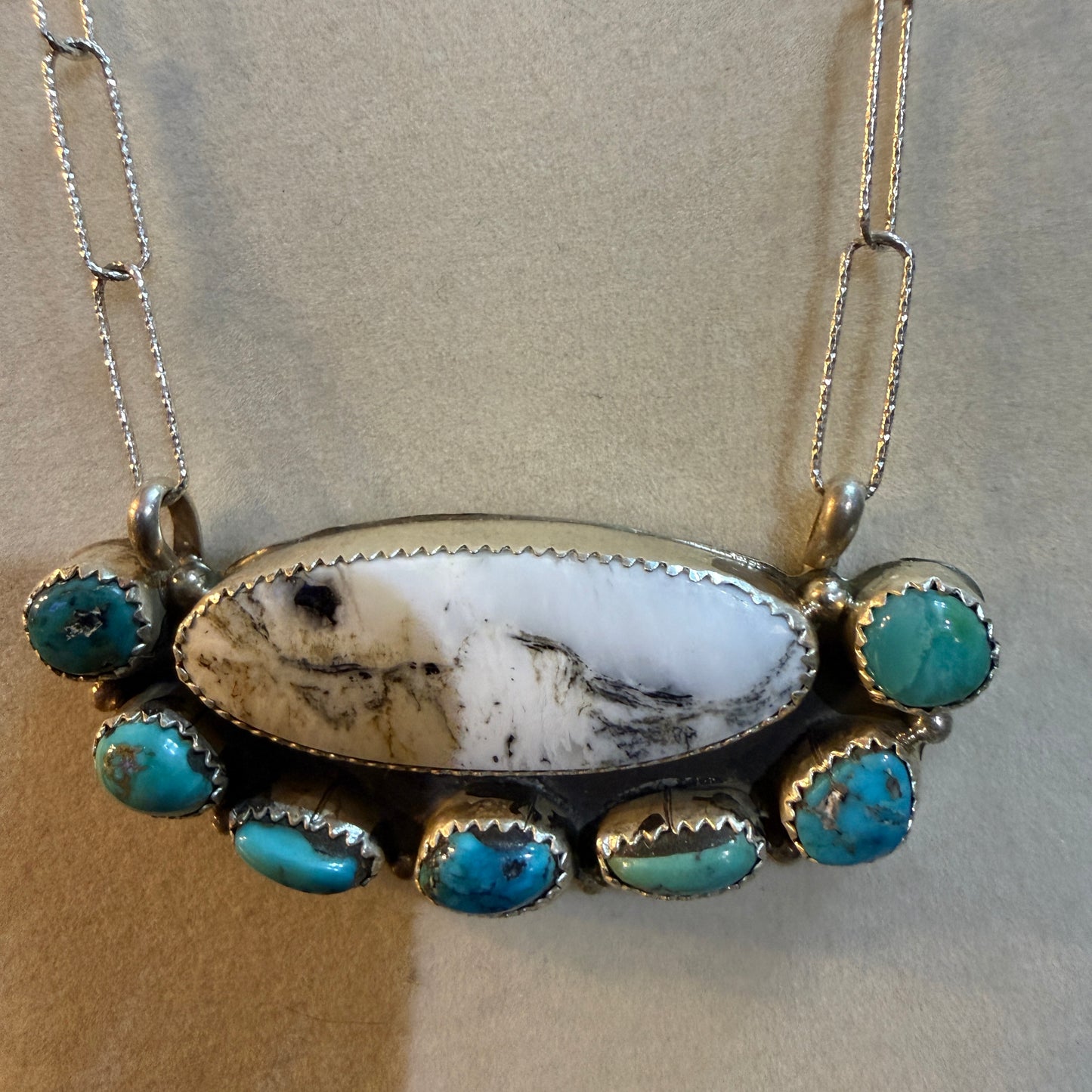 Artist Signed Rosanne Sam Kingman Turquoise White Buffalo Choker 14 Inch Chain Wild West Boho