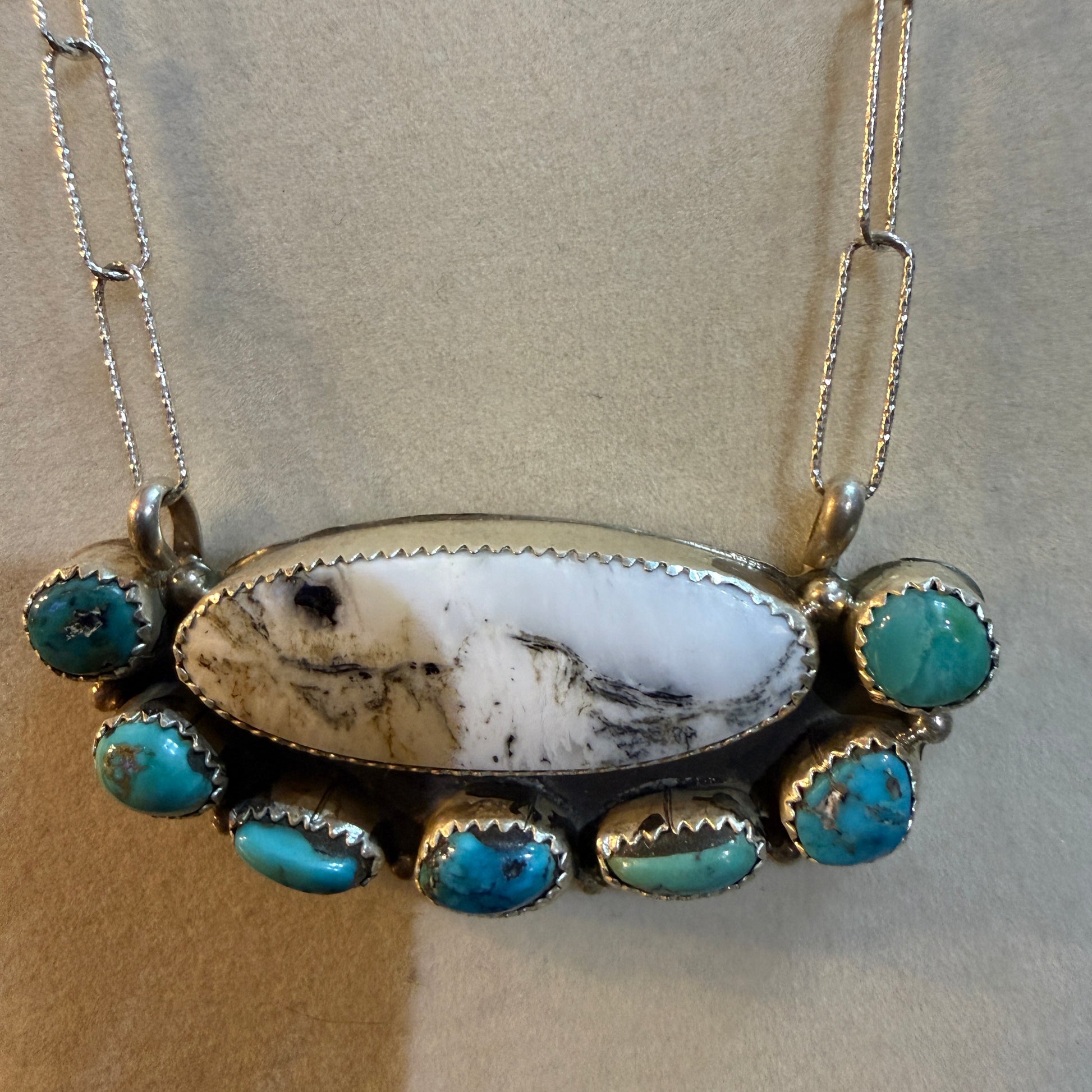 Artist Signed Rosanne Sam Kingman Turquoise White Buffalo Choker 14 Inch Chain Wild West Boho
