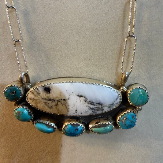 Artist Signed Rosanne Sam Kingman Turquoise White Buffalo Choker 14 Inch Chain Wild West Boho