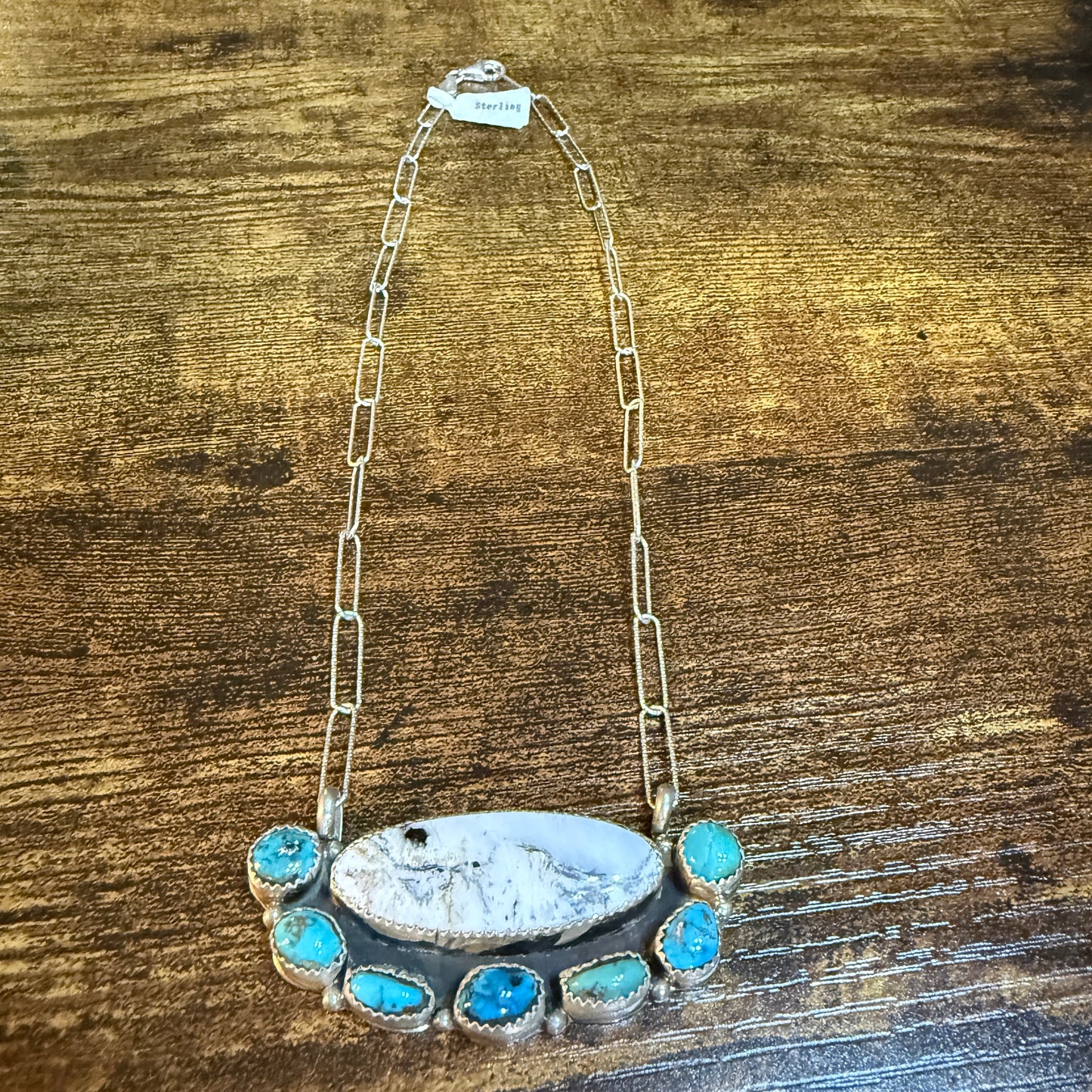 Artist Signed Rosanne Sam Kingman Turquoise White Buffalo Choker 14 Inch Chain Wild West Boho