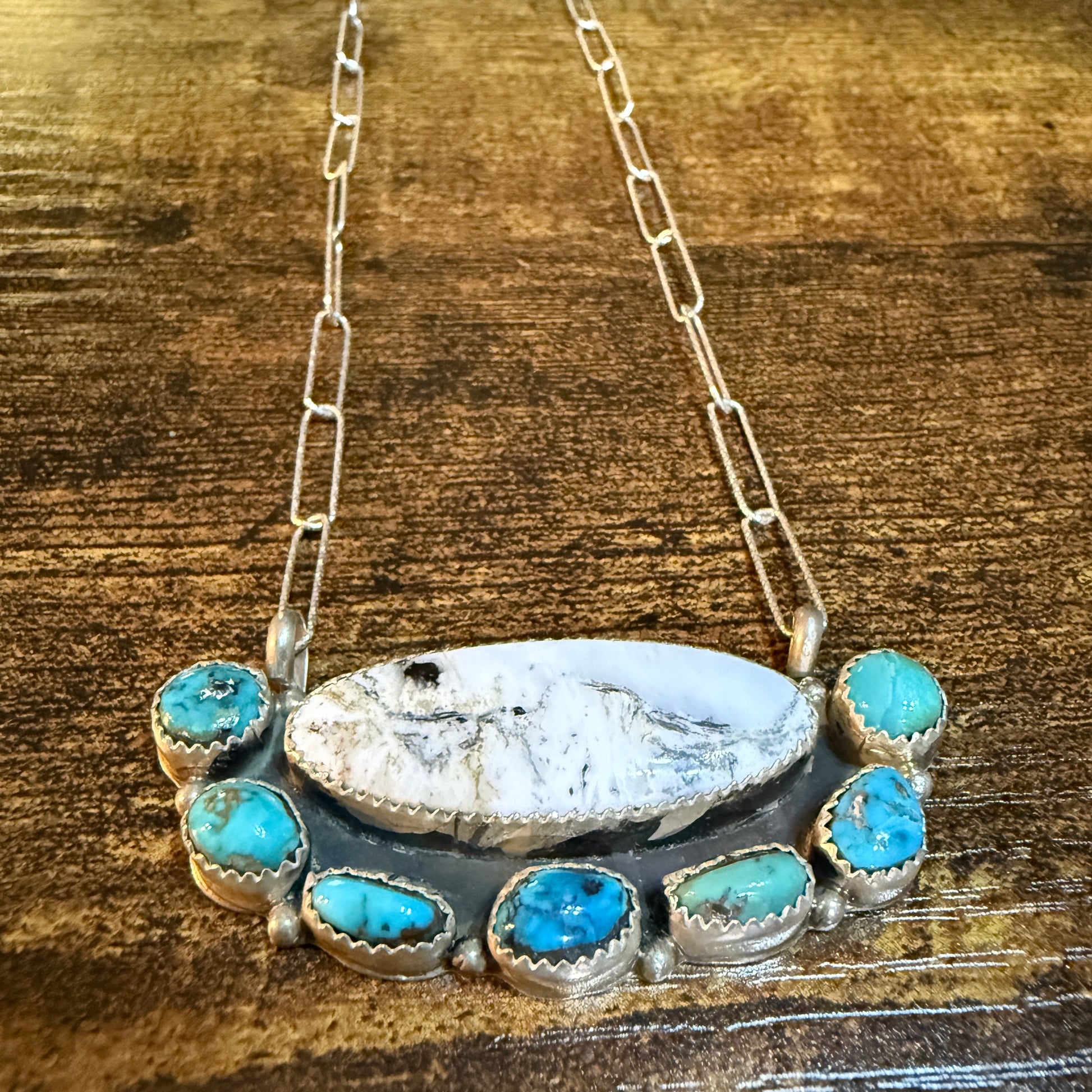 Artist Signed Rosanne Sam Kingman Turquoise White Buffalo Choker 14 Inch Chain Wild West Boho