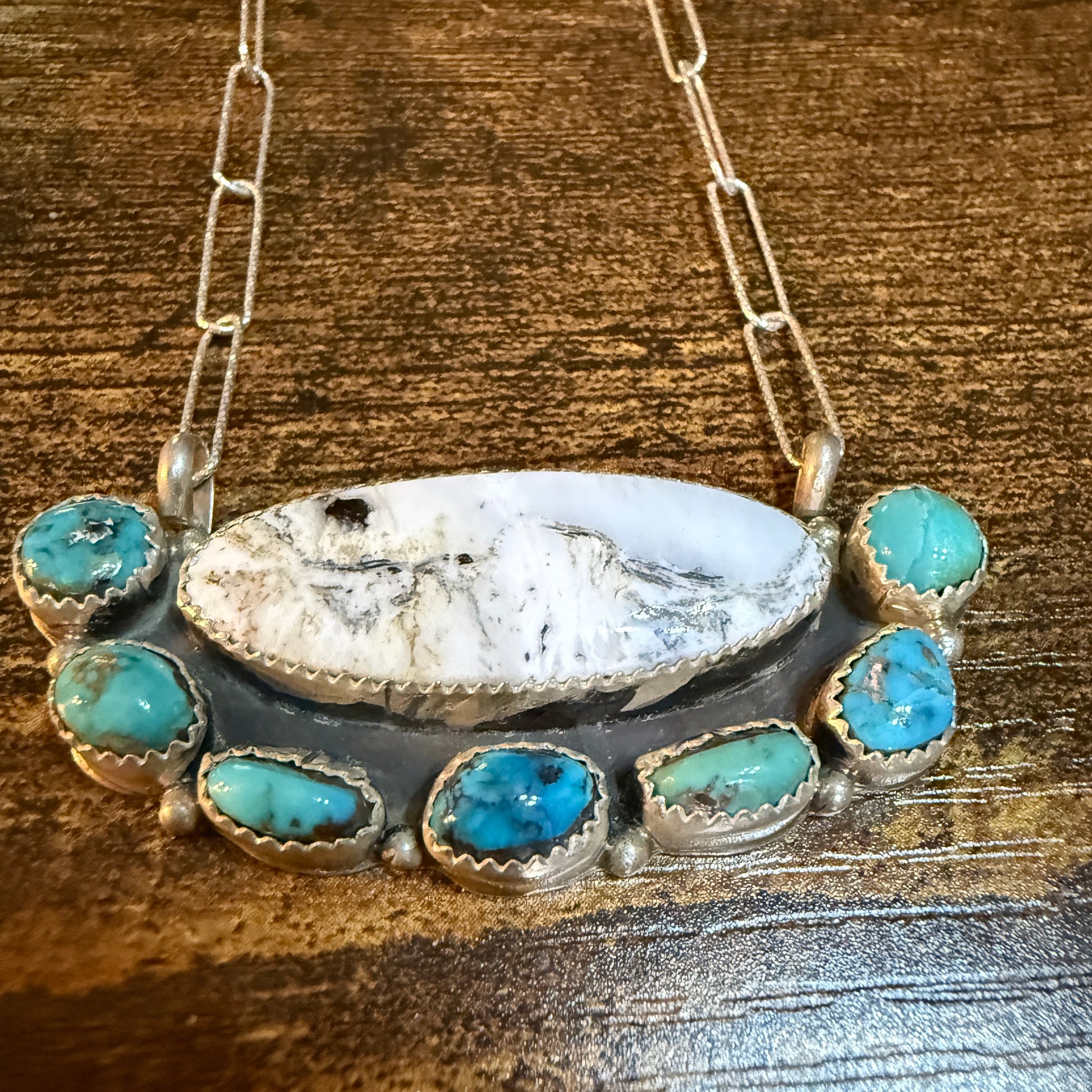 Artist Signed Rosanne Sam Kingman Turquoise White Buffalo Choker 14 Inch Chain Wild West Boho