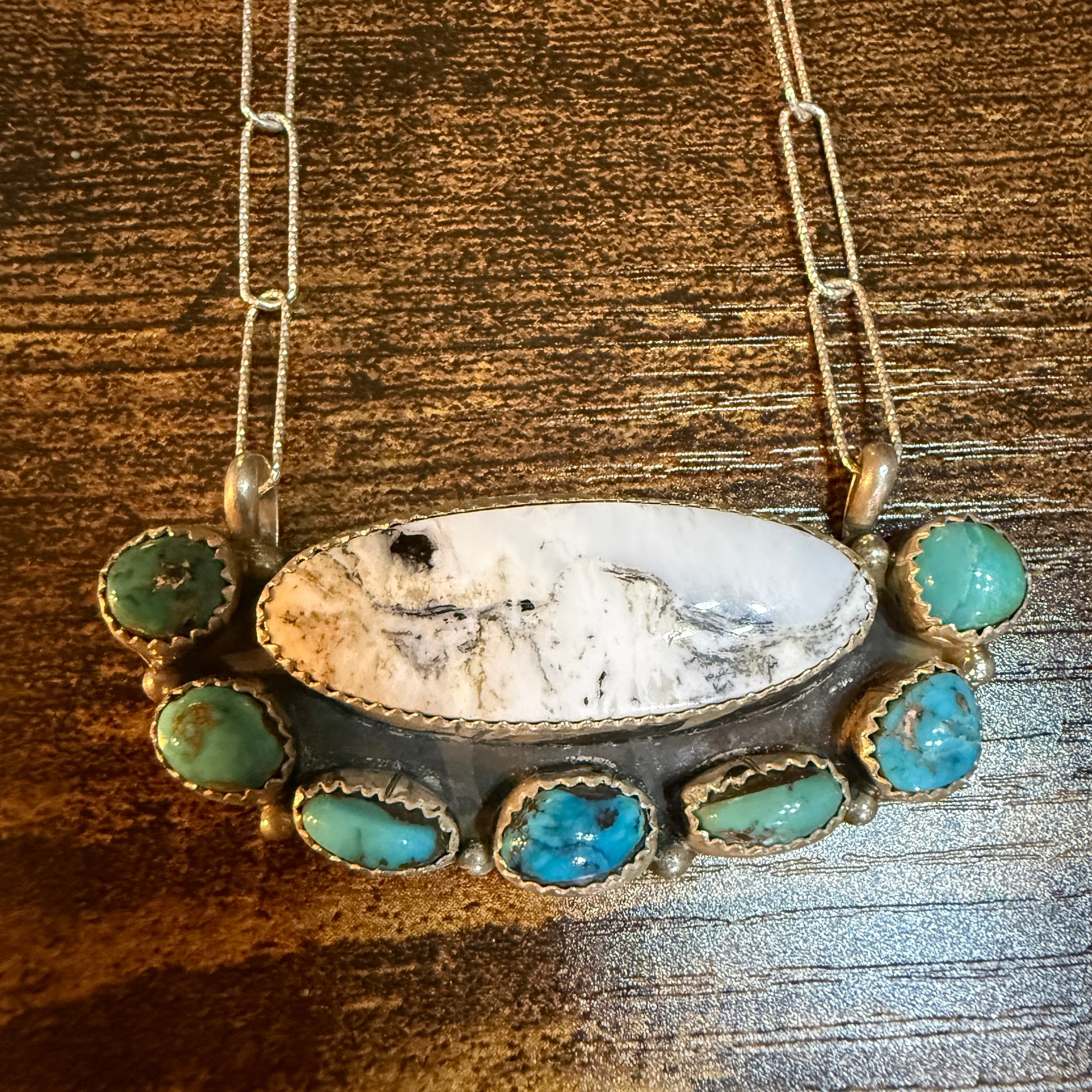 Artist Signed Rosanne Sam Kingman Turquoise White Buffalo Choker 14 Inch Chain Wild West Boho
