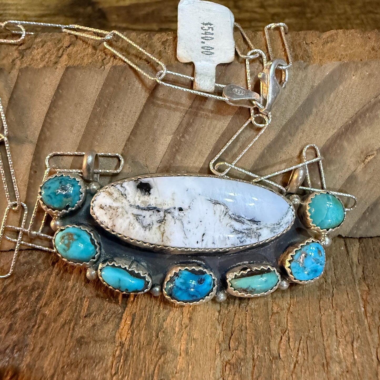 Artist Signed Rosanne Sam Kingman Turquoise White Buffalo Choker 14 Inch Chain Wild West Boho