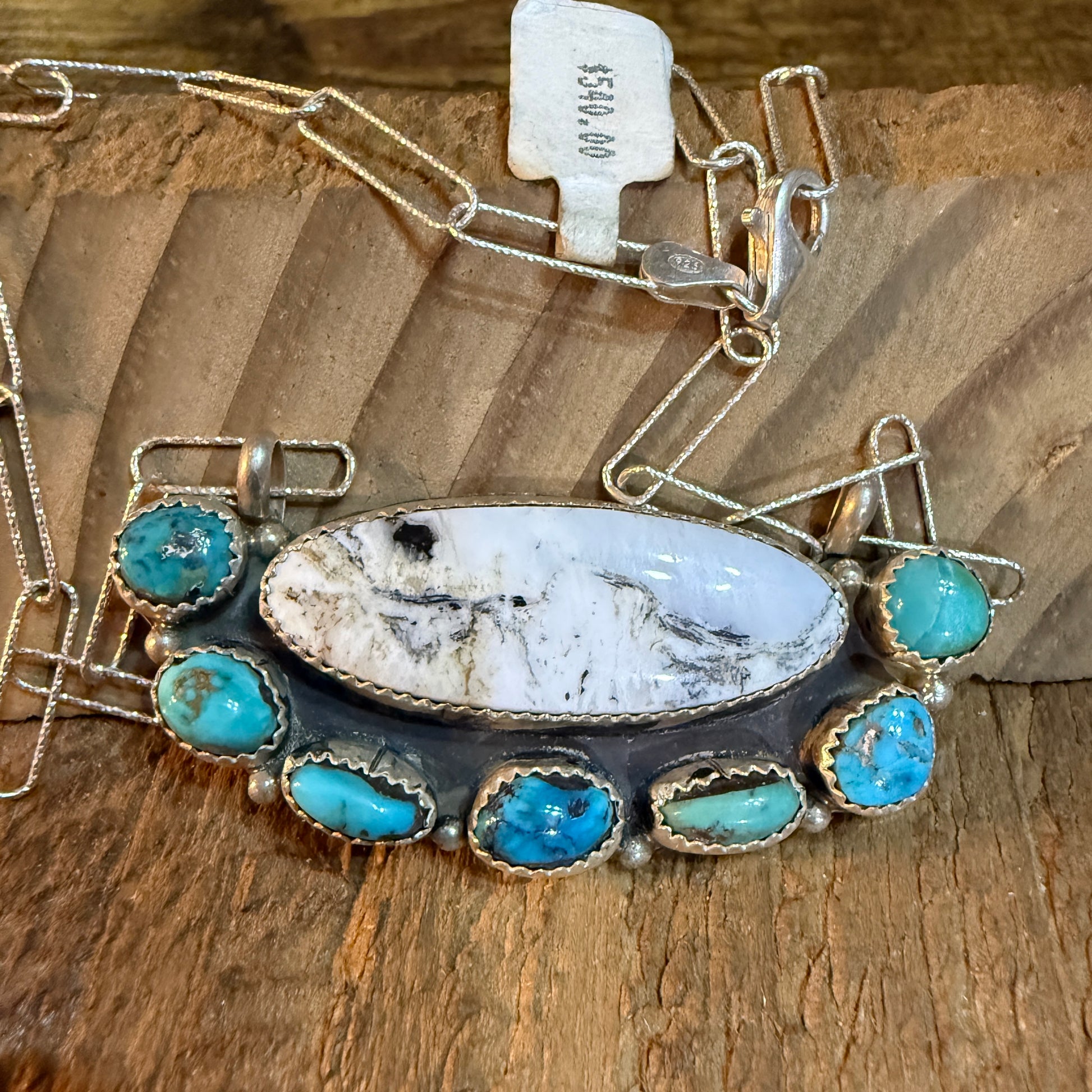 Artist Signed Rosanne Sam Kingman Turquoise White Buffalo Choker 14 Inch Chain Wild West Boho