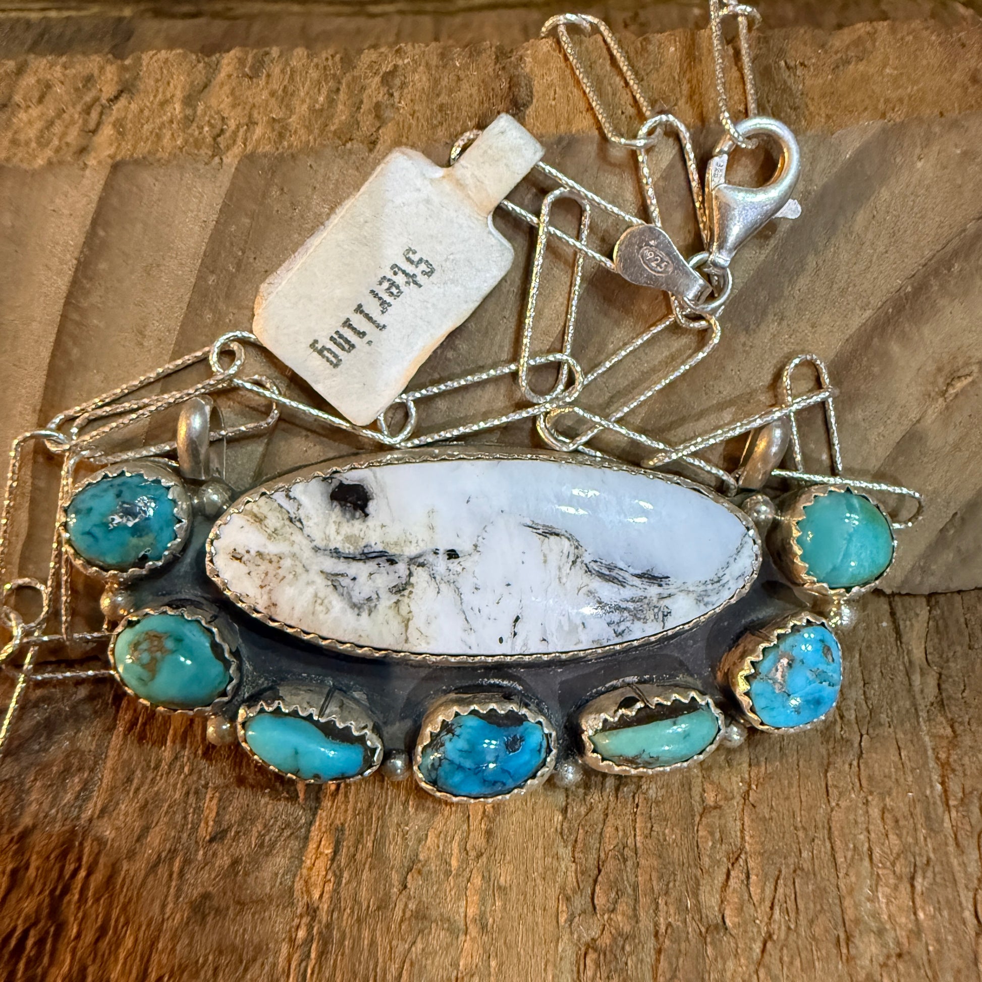 Artist Signed Rosanne Sam Kingman Turquoise White Buffalo Choker 14 Inch Chain Wild West Boho