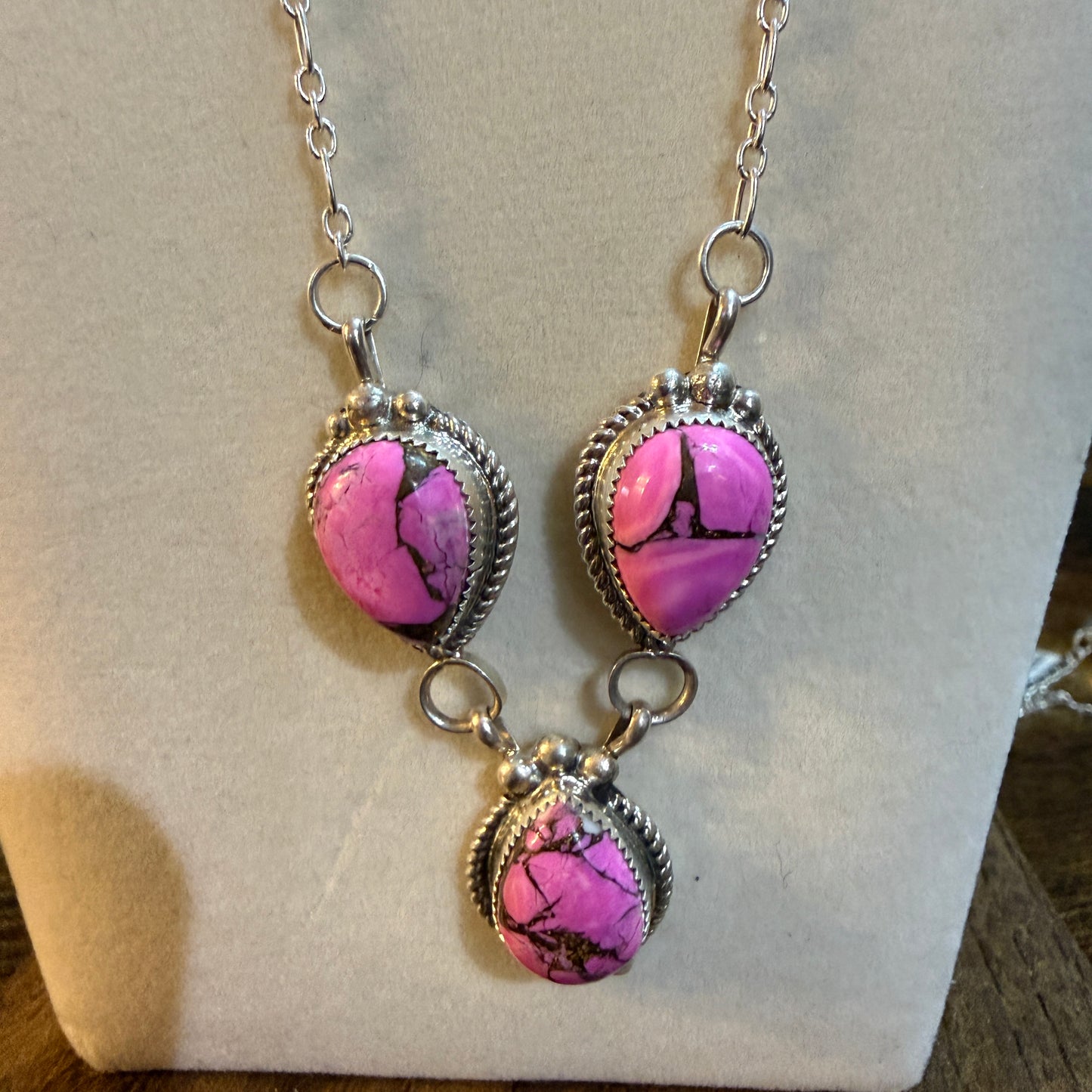Artist Signed Cindy Begay Pink Cotton Candy Necklace Sterling Silver 16 Inch Chain Wild West Boho
