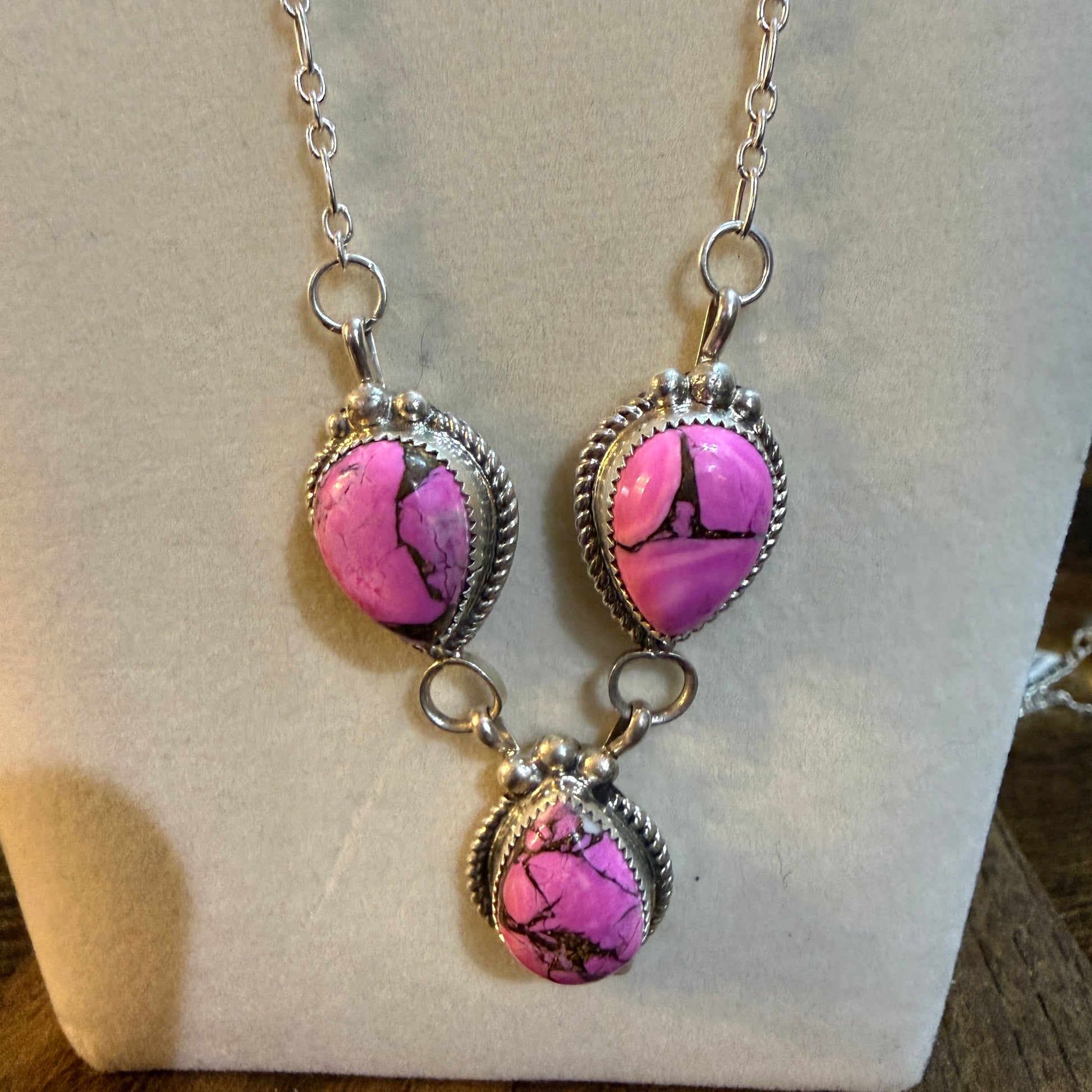 Artist Signed Cindy Begay Pink Cotton Candy Necklace Sterling Silver 16 Inch Chain Wild West Boho