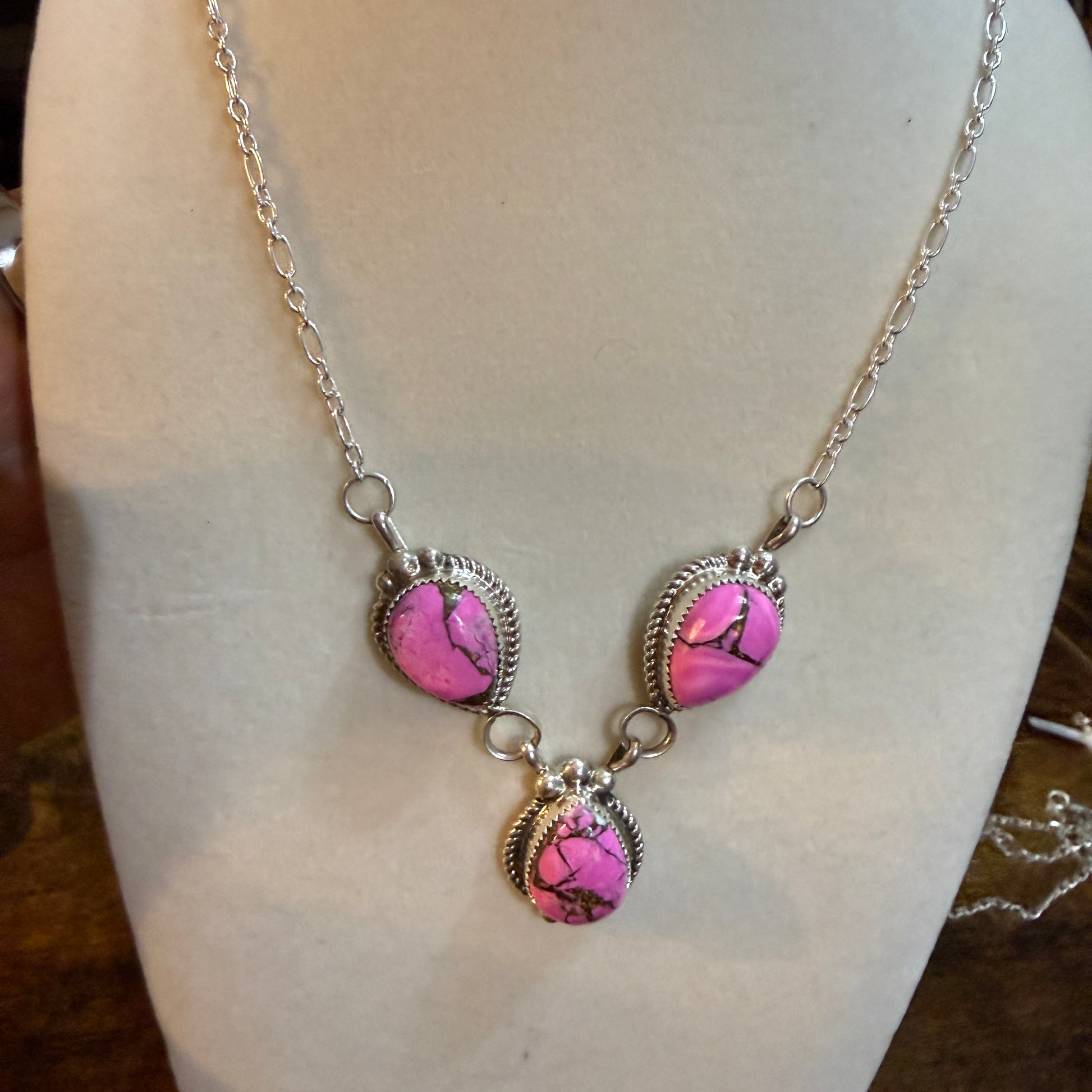 Artist Signed Cindy Begay Pink Cotton Candy Necklace Sterling Silver 16 Inch Chain Wild West Boho