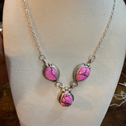 Artist Signed Cindy Begay Pink Cotton Candy Necklace Sterling Silver 16 Inch Chain Wild West Boho