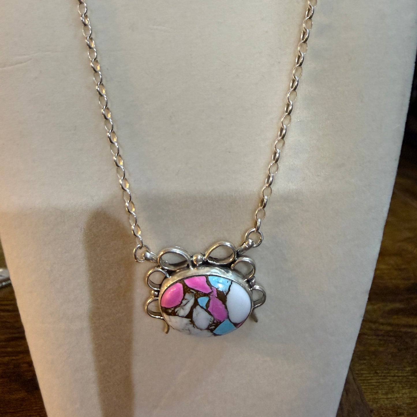 Artist Signed AR YAZ Cotton Candy Dahlia Bow Pendant Necklace Sterling Silver Wild West Boho
