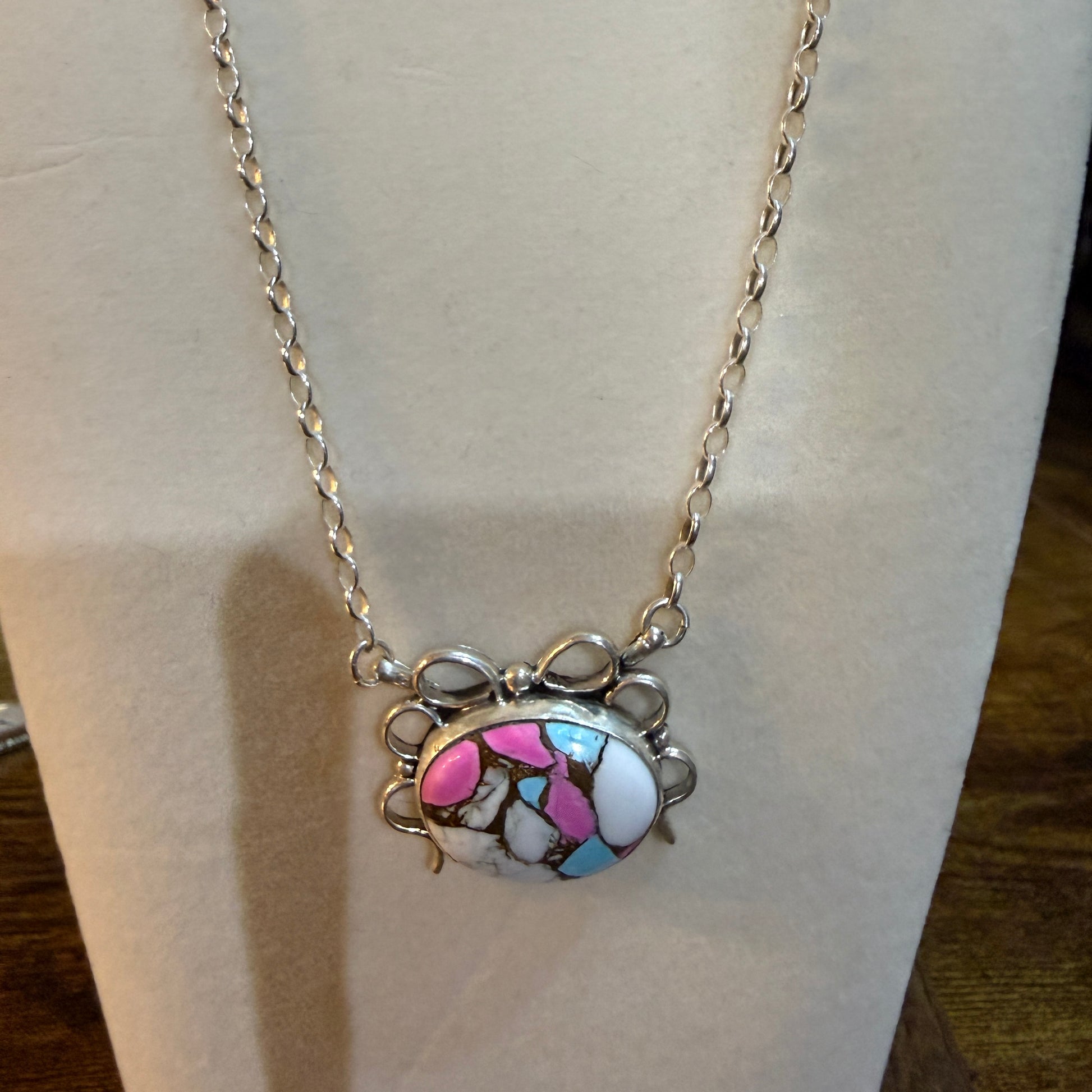 Artist Signed AR YAZ Cotton Candy Dahlia Bow Pendant Necklace Sterling Silver Wild West Boho