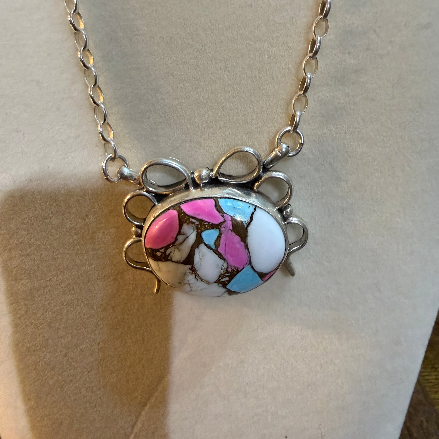 Artist Signed AR YAZ Cotton Candy Dahlia Bow Pendant Necklace Sterling Silver Wild West Boho