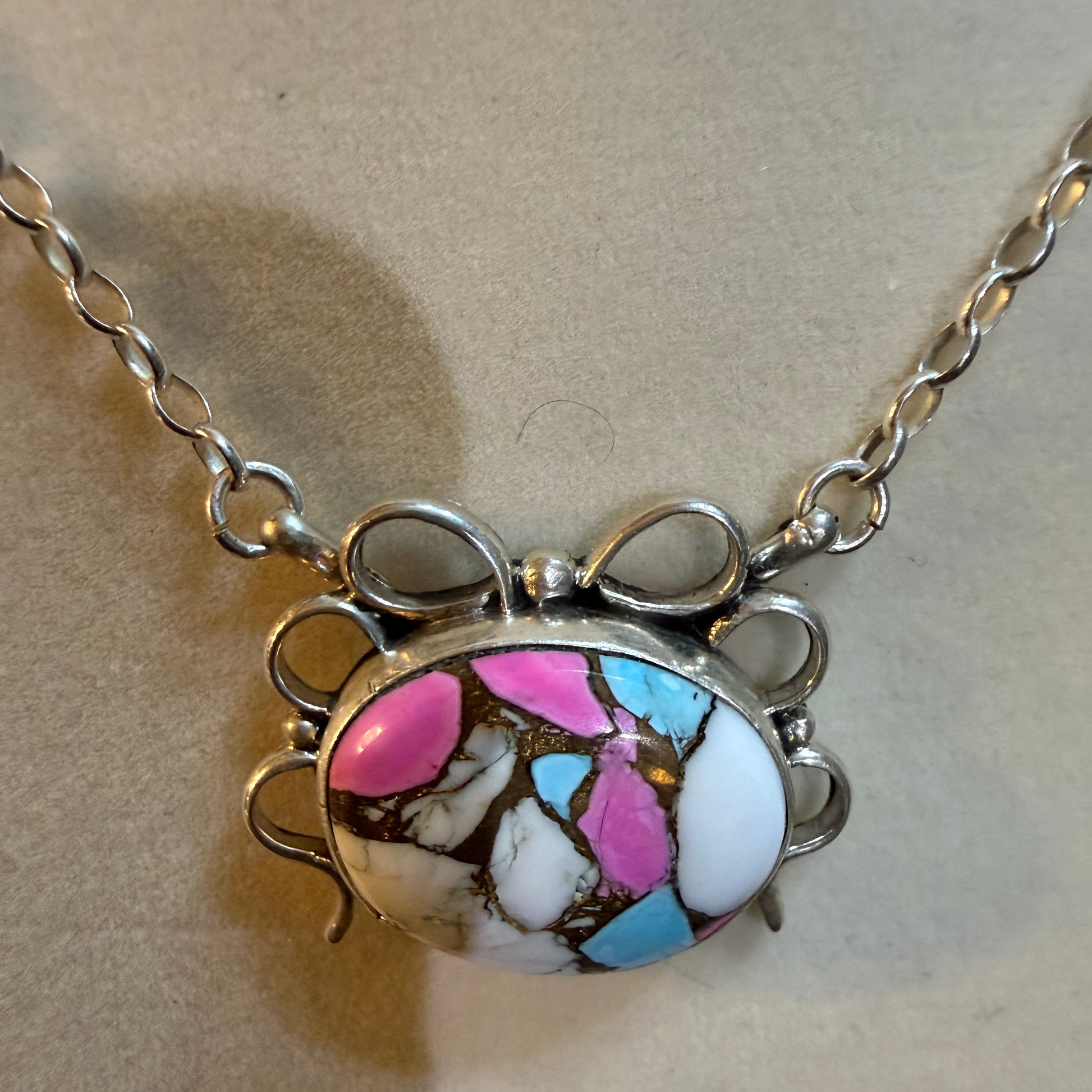 Artist Signed AR YAZ Cotton Candy Dahlia Bow Pendant Necklace Sterling Silver Wild West Boho