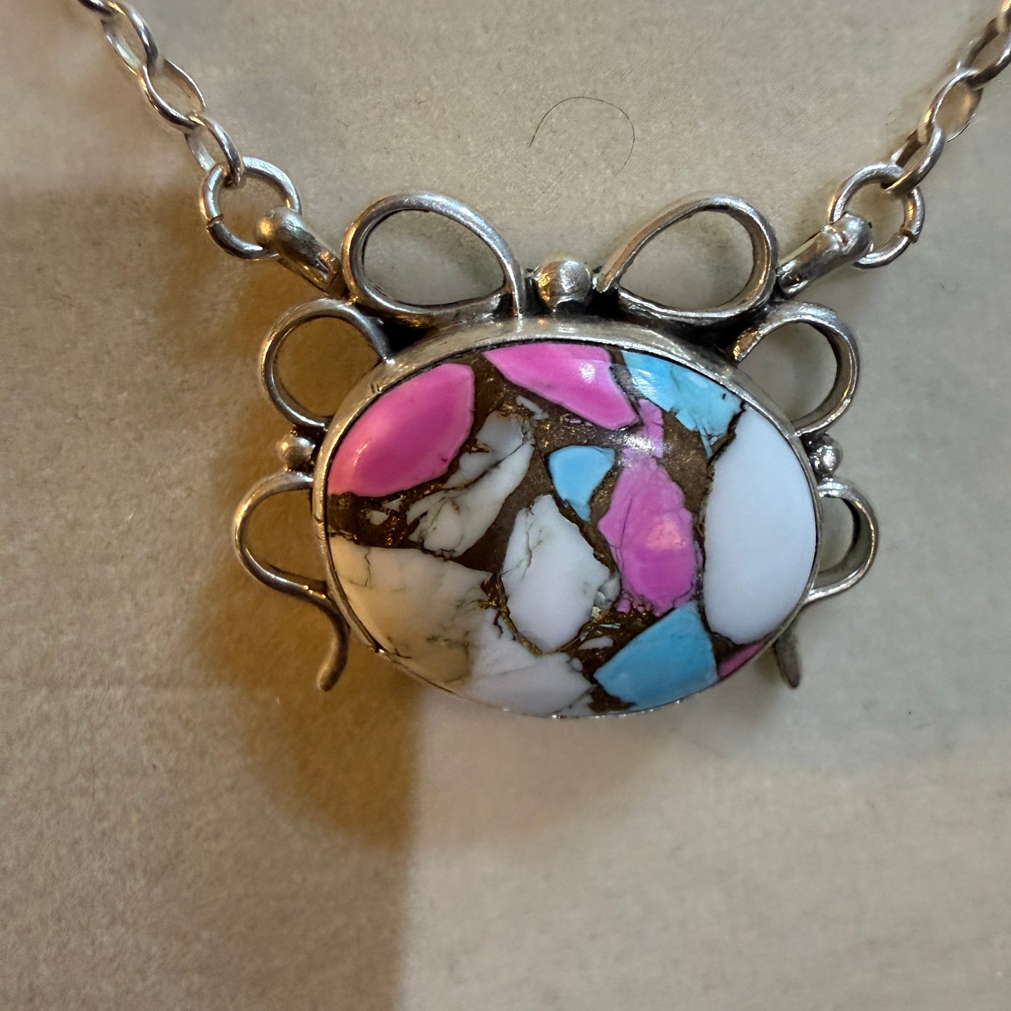 Artist Signed AR YAZ Cotton Candy Dahlia Bow Pendant Necklace Sterling Silver Wild West Boho