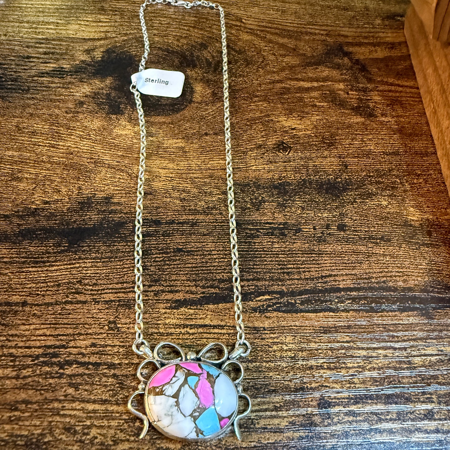 Artist Signed AR YAZ Cotton Candy Dahlia Bow Pendant Necklace Sterling Silver Wild West Boho