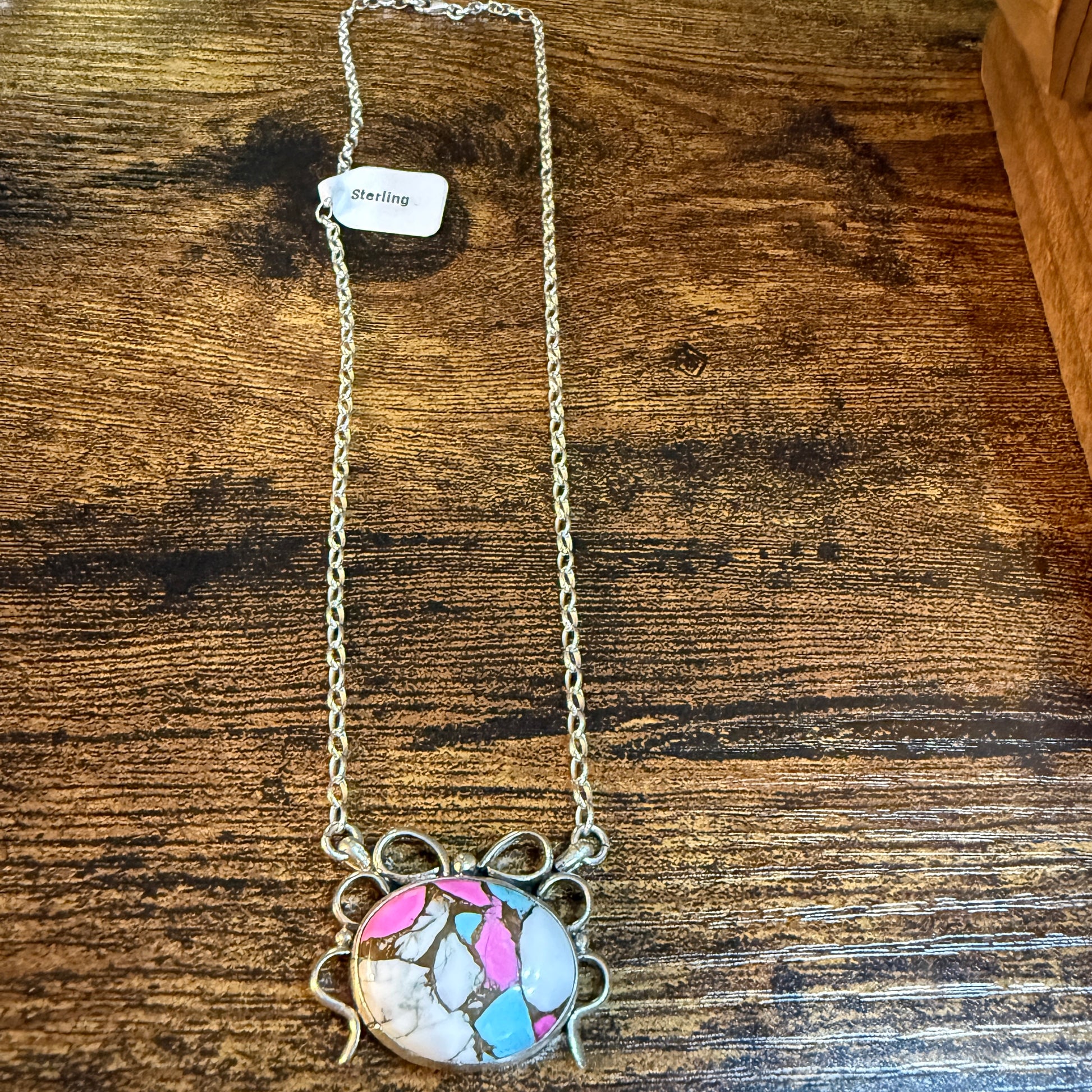 Artist Signed AR YAZ Cotton Candy Dahlia Bow Pendant Necklace Sterling Silver Wild West Boho