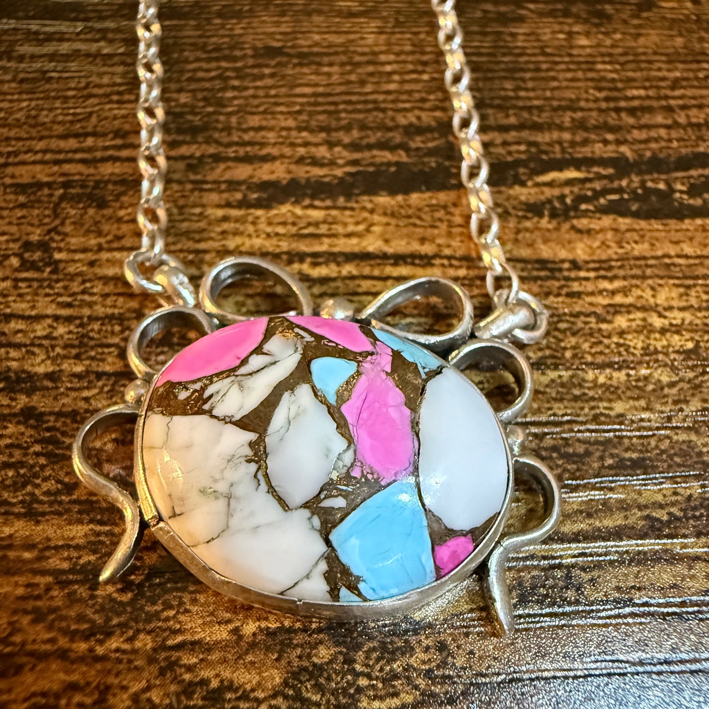 Artist Signed AR YAZ Cotton Candy Dahlia Bow Pendant Necklace Sterling Silver Wild West Boho
