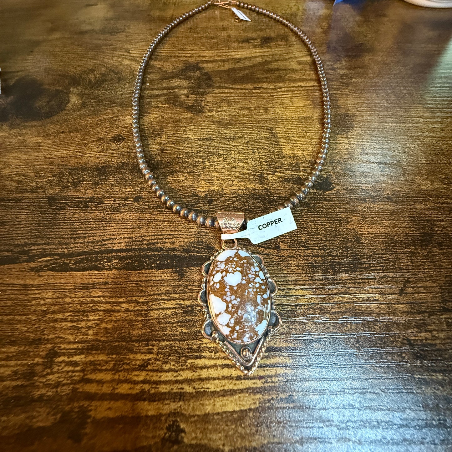 Wild Horse Dahlia Gemstone Copper Pendant on 18 Inch Copper Pearl Bead Necklace Wild West Boho