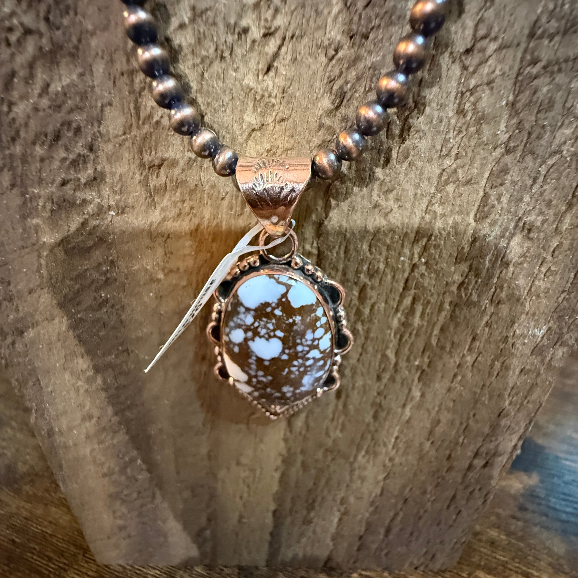 Wild Horse Dahlia Gemstone Copper Pendant on 18 Inch Copper Pearl Bead Necklace Wild West Boho