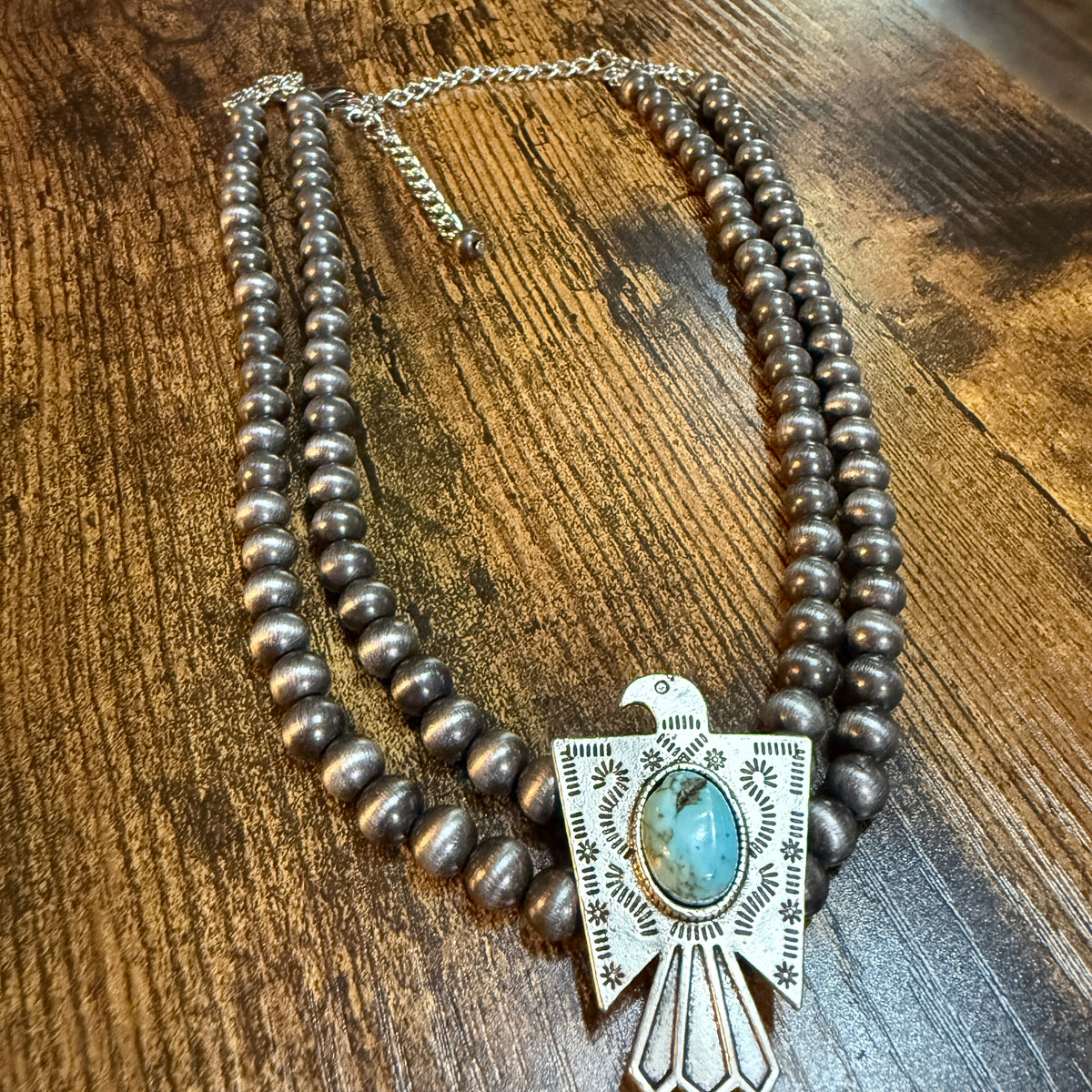 Handmade Navajo Style Bead Thunderbird Turquoise Choker Necklace 16 Inch 2 Strand Wild West Boho