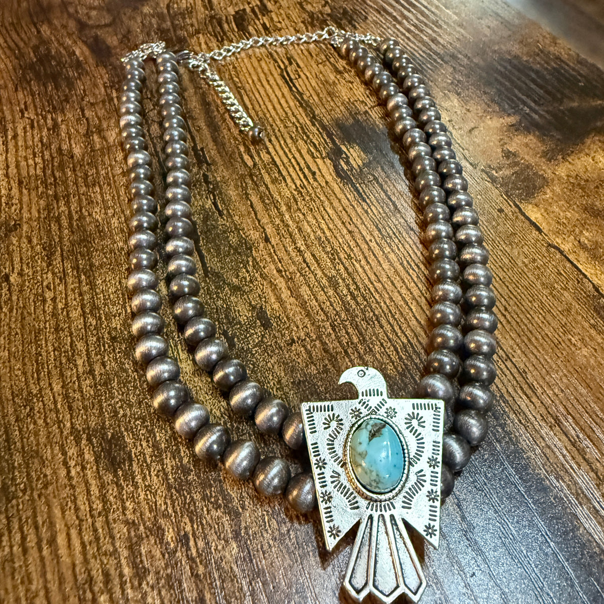Handmade Navajo Style Bead Thunderbird Turquoise Choker Necklace 16 Inch 2 Strand Wild West Boho