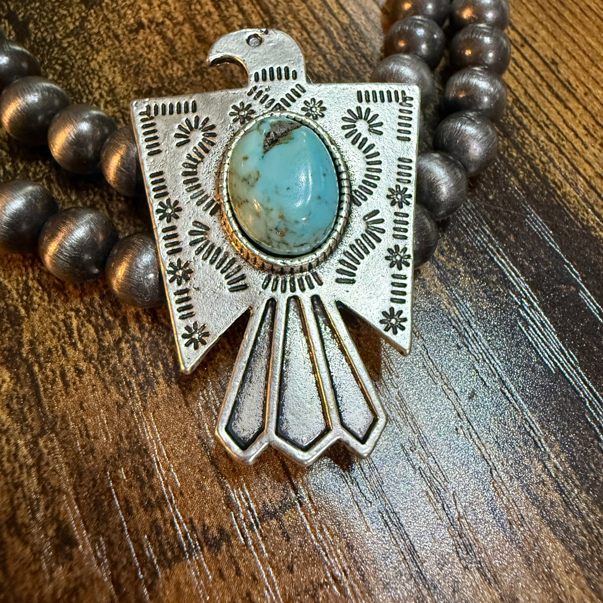 Handmade Navajo Style Bead Thunderbird Turquoise Choker Necklace 16 Inch 2 Strand Wild West Boho