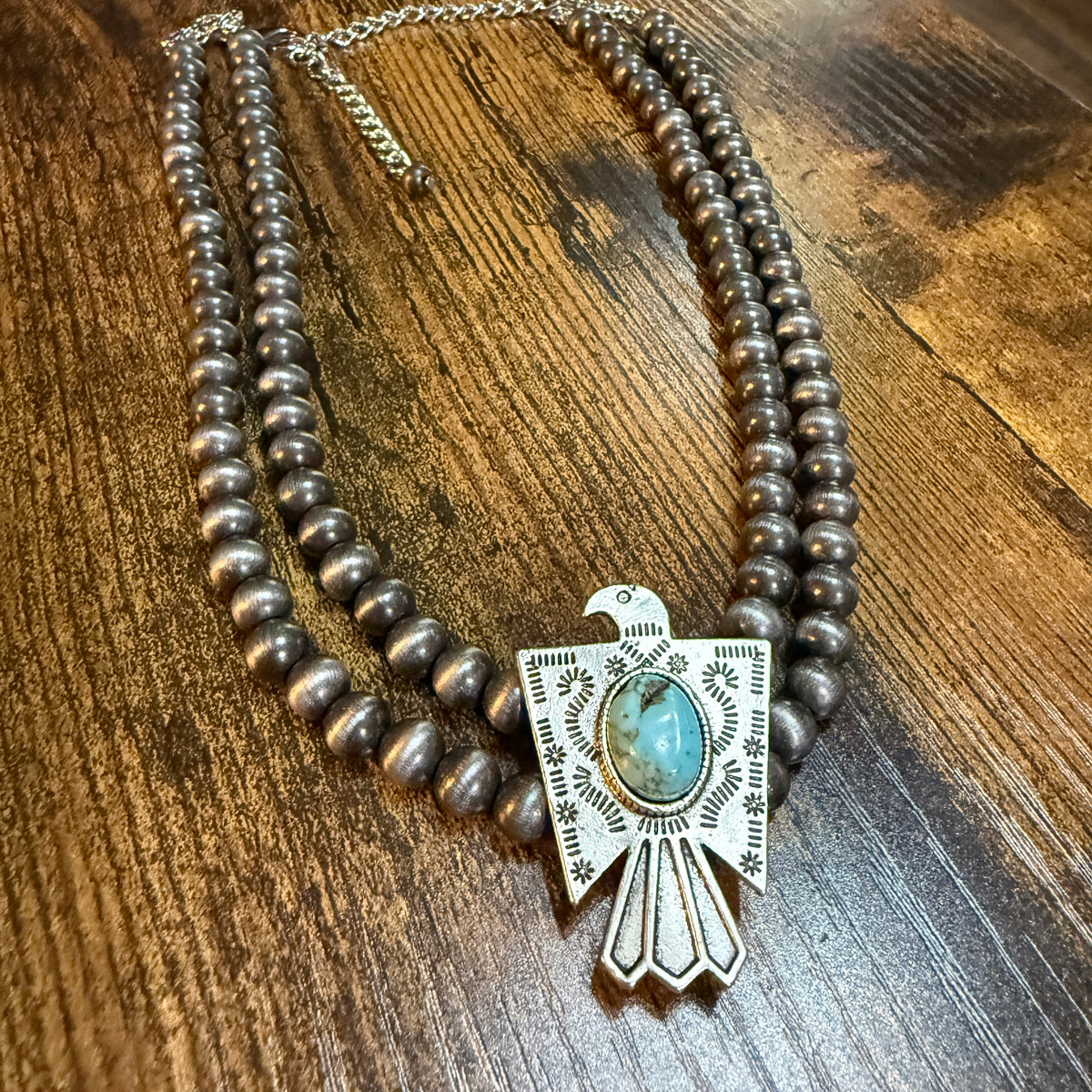 Handmade Navajo Style Bead Thunderbird Turquoise Choker Necklace 16 Inch 2 Strand Wild West Boho