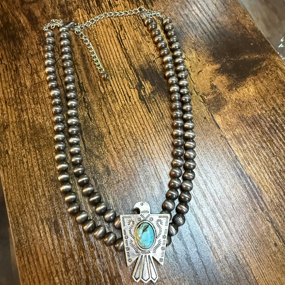 Handmade Navajo Style Bead Thunderbird Turquoise Choker Necklace 16 Inch 2 Strand Wild West Boho